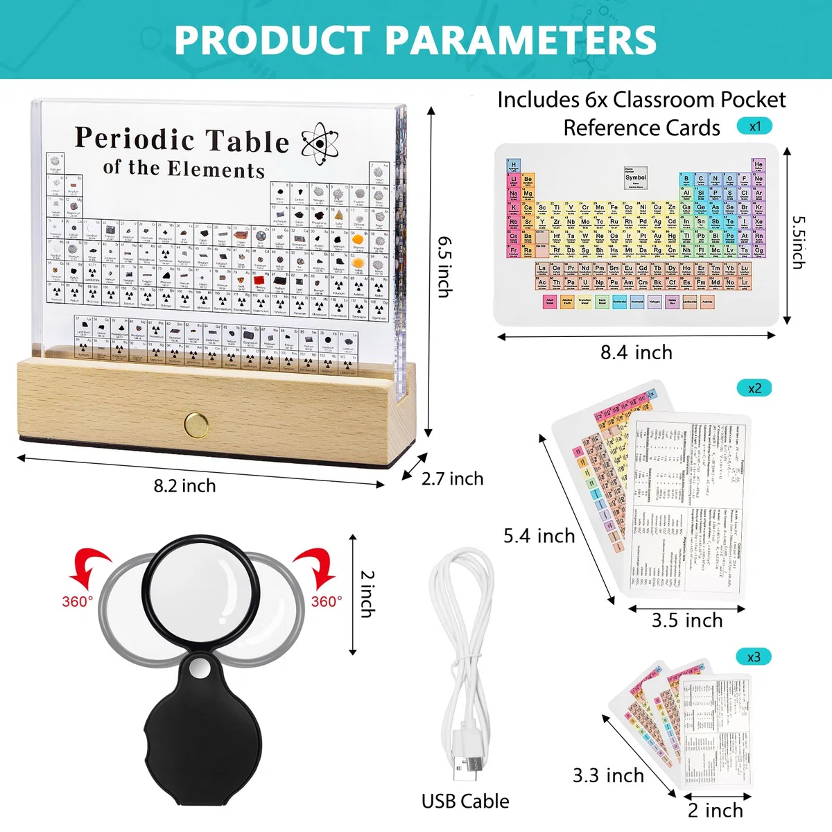 MegaBox Grande tavola periodica di elementi con 83 elementi reali, tavola periodica in acrilico con supporto in legno, 6 carte di riferimento per formula chimica, regalo per insegnanti di scienze
