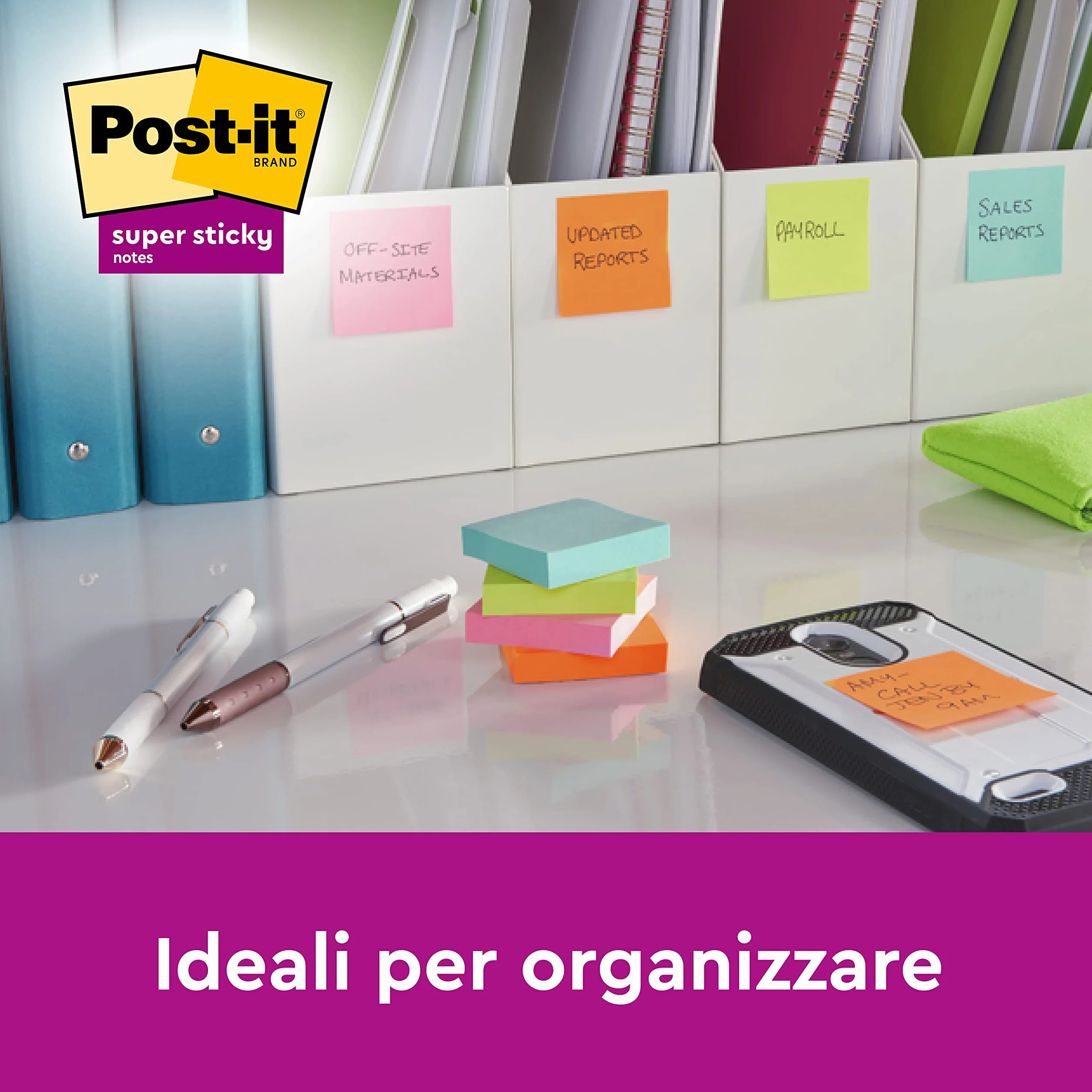 Post-it Foglietti Super Sticky, Collezione Carnival, Confezione da 6 blocchetti, 90 Fogli/blocco, 76mm x 127mm, Colori Giallo, Azzurro, Verde, Rosa, Arancione. Per Appunti, Elenchi & Promemoria
