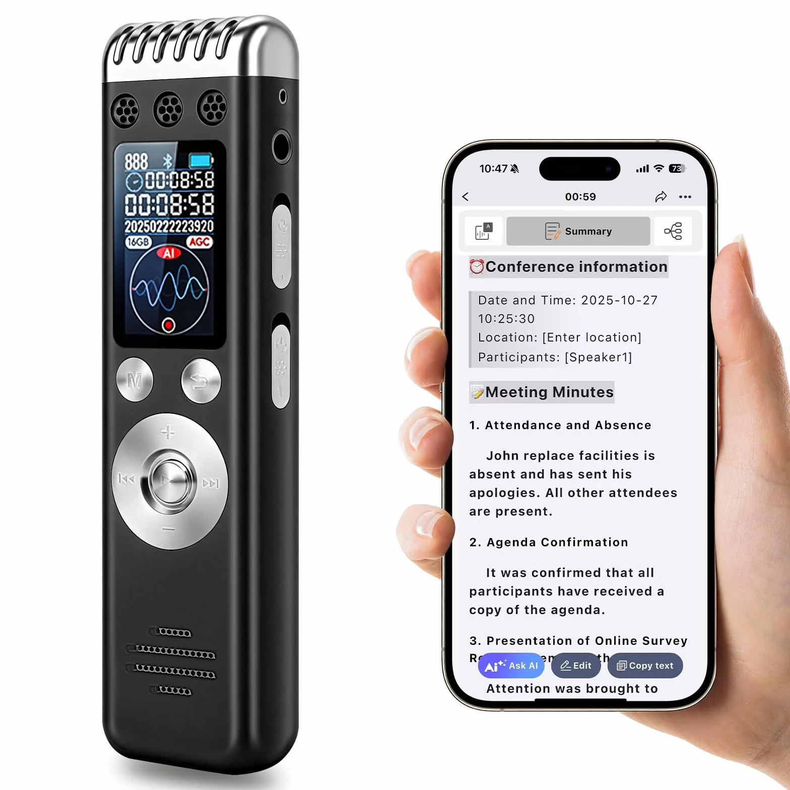 64GB Registratore Vocale AI- Registratore Vocale Professionale Portatile Trascrivi e Riassumi con Tecnologia AI, Supporta 256 Lingue, Controllo App, per Conferenze Riunioni Colloqui Classe