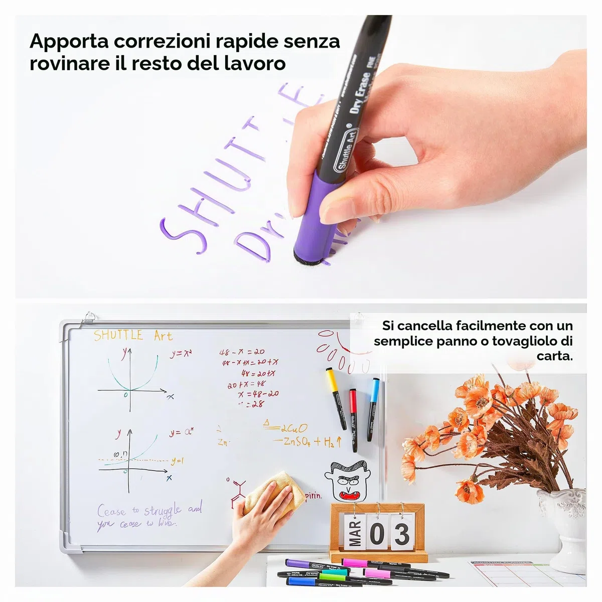 Shuttle Art Confezione da 32 Pennarelli Lavagna Bianca Cancellabile, 16 colori magnetici per lavagna bianca, pennarelli per cancellare a secco con gomma, ufficio, casa