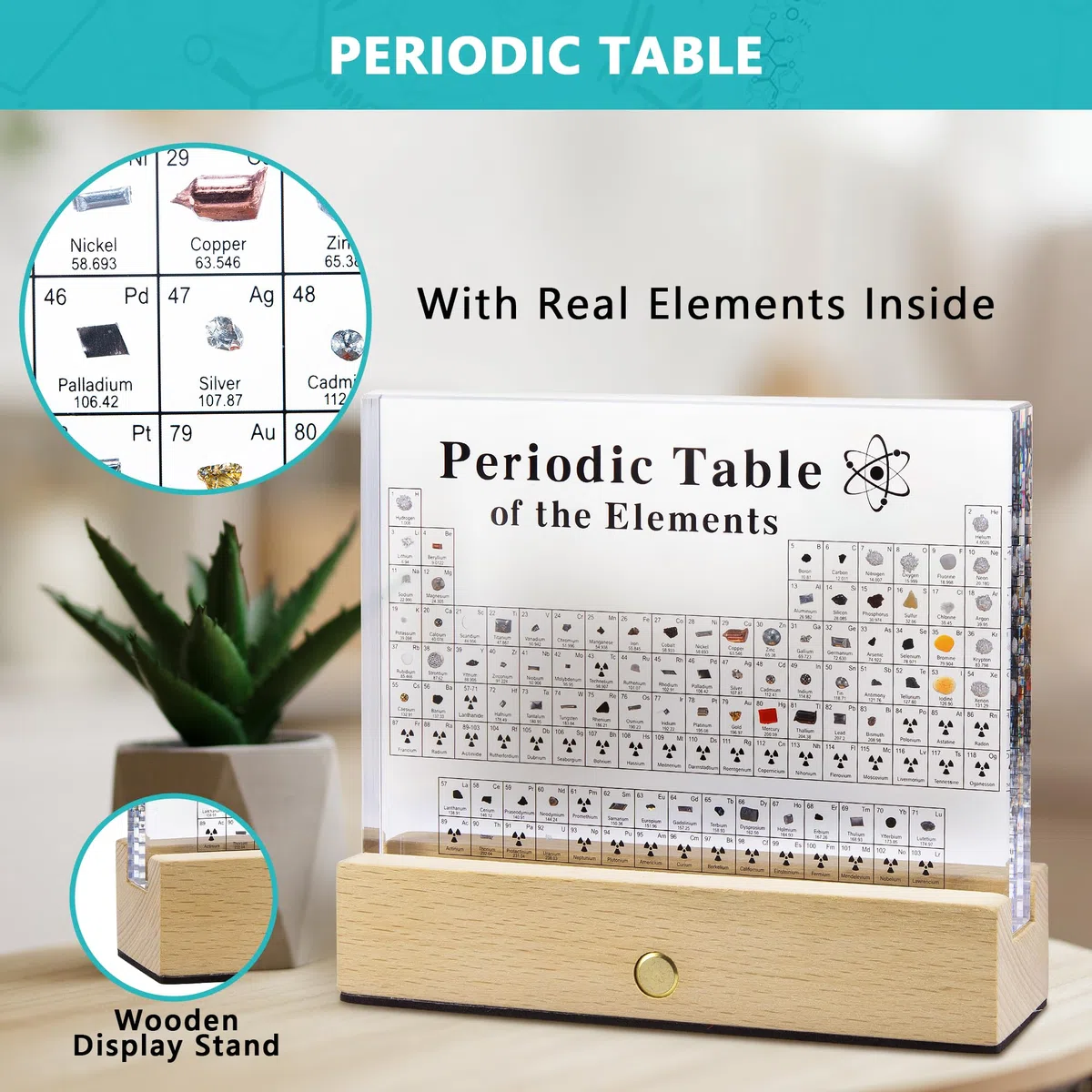 MegaBox Grande tavola periodica di elementi con 83 elementi reali, tavola periodica in acrilico con supporto in legno, 6 carte di riferimento per formula chimica, regalo per insegnanti di scienze