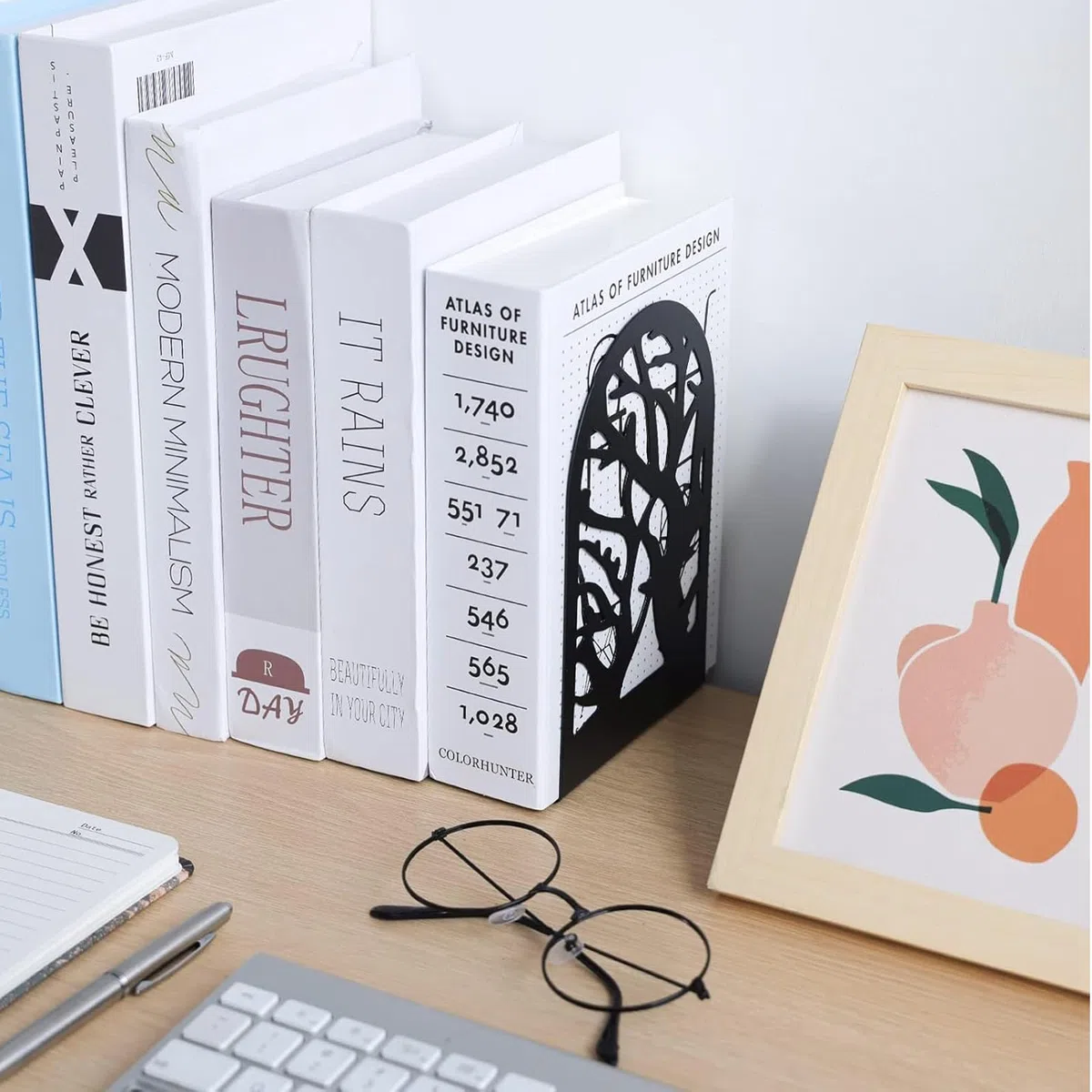 8 fermalibri in metallo nero, con motivo ad albero, fermalibri, in organza, con fermaporta antiscivolo, bordi arrotondati per scuola, casa, ufficio