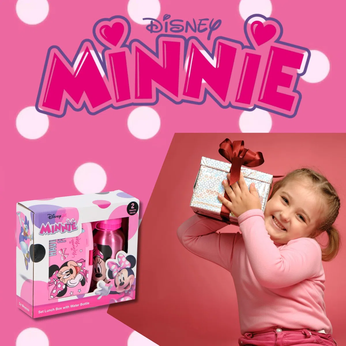 Minnie Disney Mouse - Contenitore per il pranzo con borraccia, set da 2 pezzi, rosa, ideale per scuola, asilo e gite