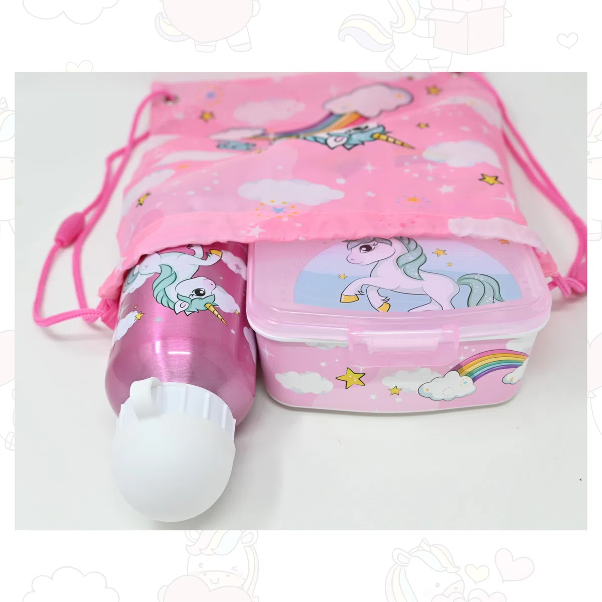 Set zaino unicorno, contenitore pranzo, borraccia, sacca ginnastica, 3 pezzi, asilo, bottiglia