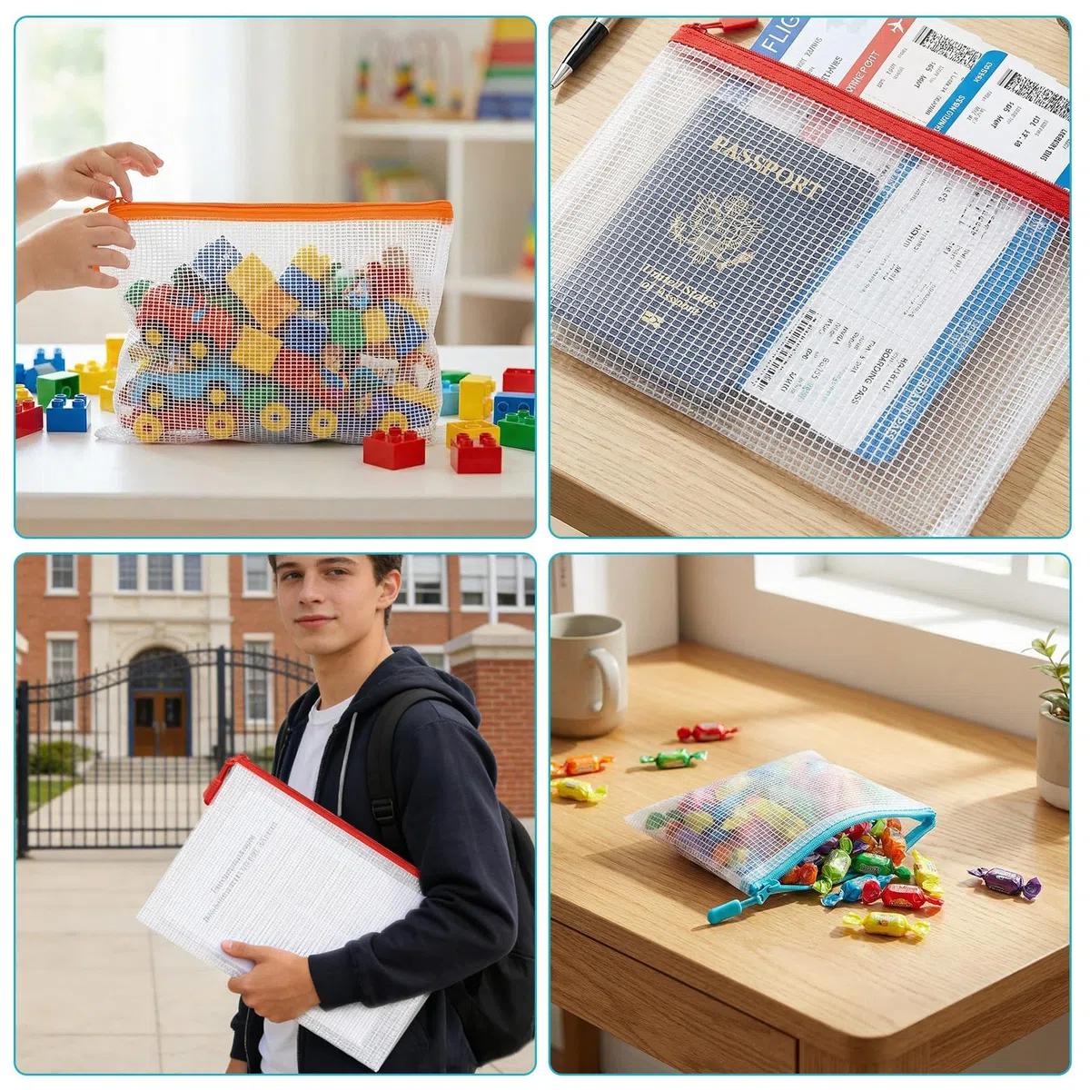 45 pezzi Borsa portadocumenti impermeabile con chiusura lampo, 8 misure Mesh Bag Zipper sacchetto PVC plastica trasparente per scuola, cosmetici, organizzazione dei file, stoccaggio di cancelleria