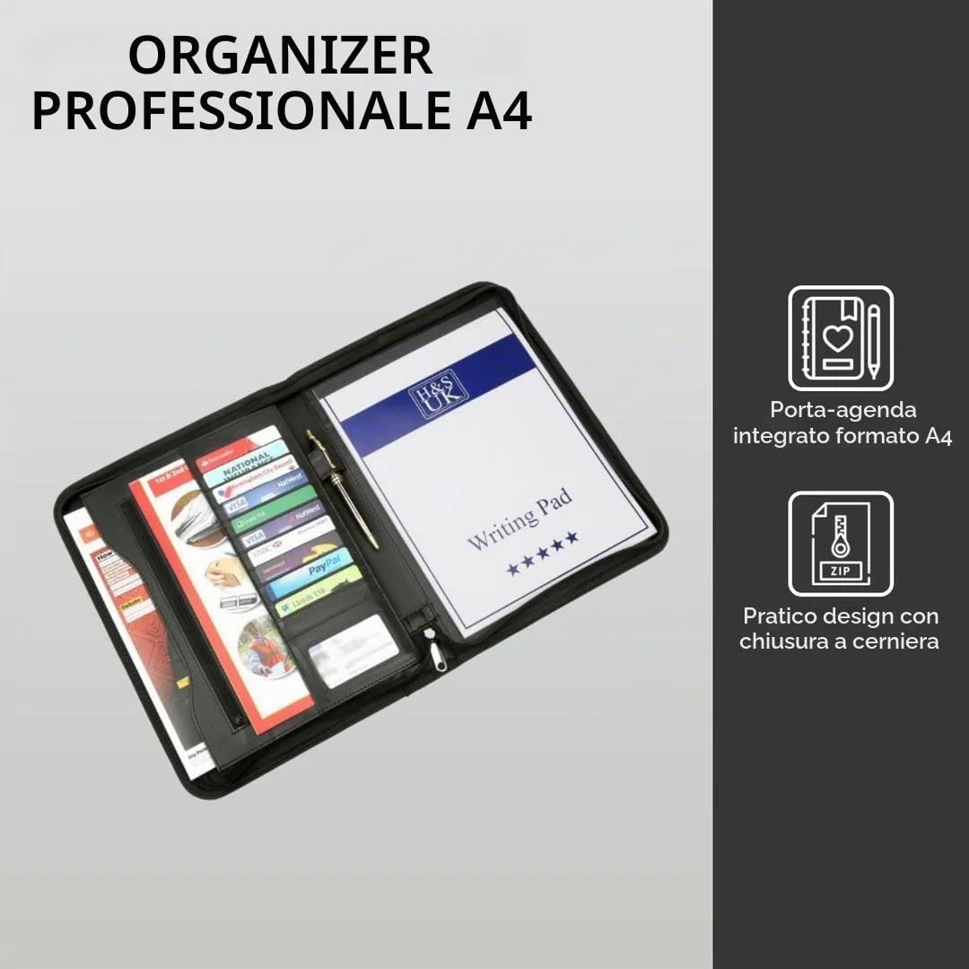 H&S Cartella Portadocumenti A4 con Cerniera - Cartellina Porta Documenti in Ecopelle con Custodia - Portablocco Appunti con 11 Scomparti per Carte e Biglietti da Visita