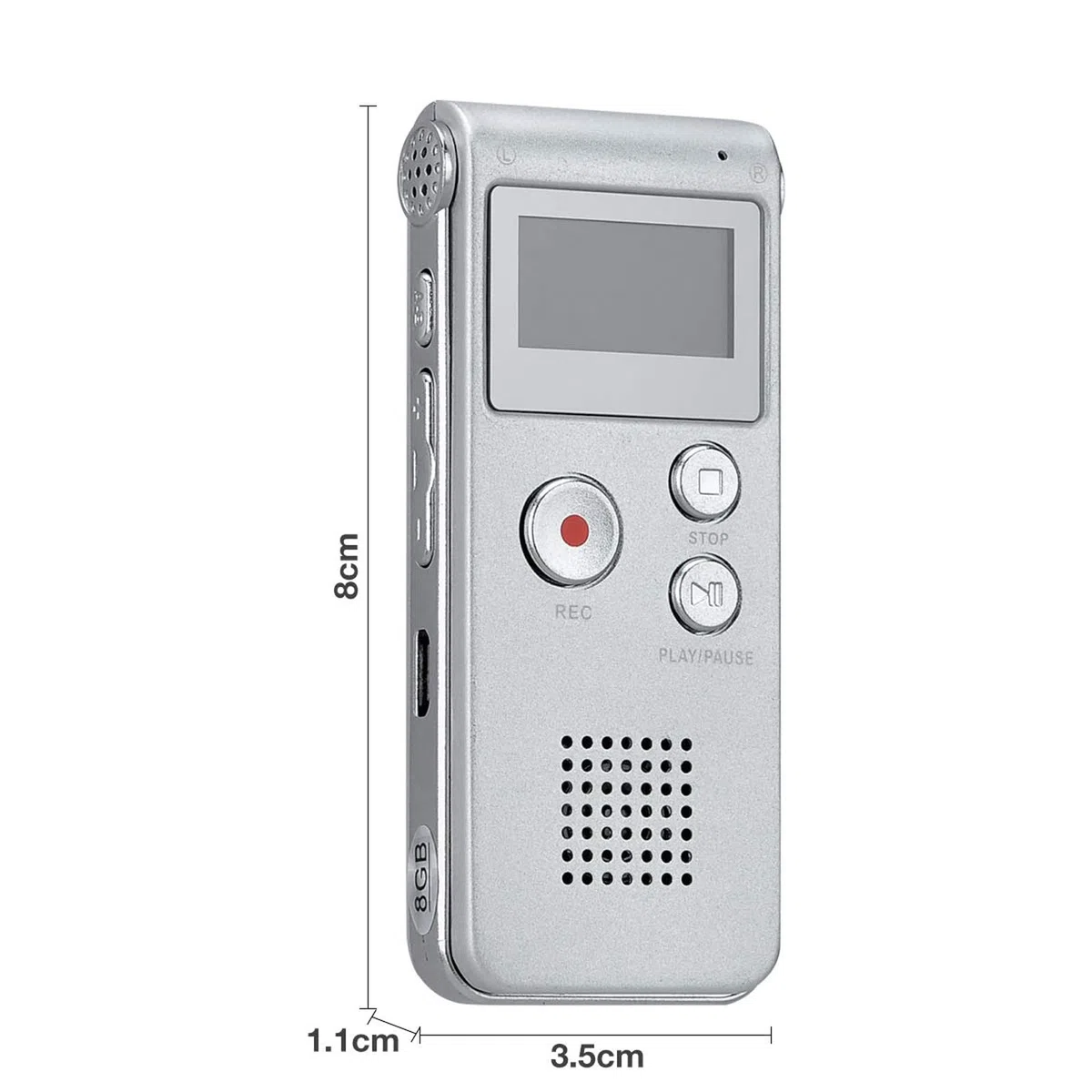 Lychee Professionale Registratore Vocale Digitale Portatile, 1536kbps,8 GB Multifunzionale USB Digital Audio Voice Recorder con Lettore MP3 (Argento)