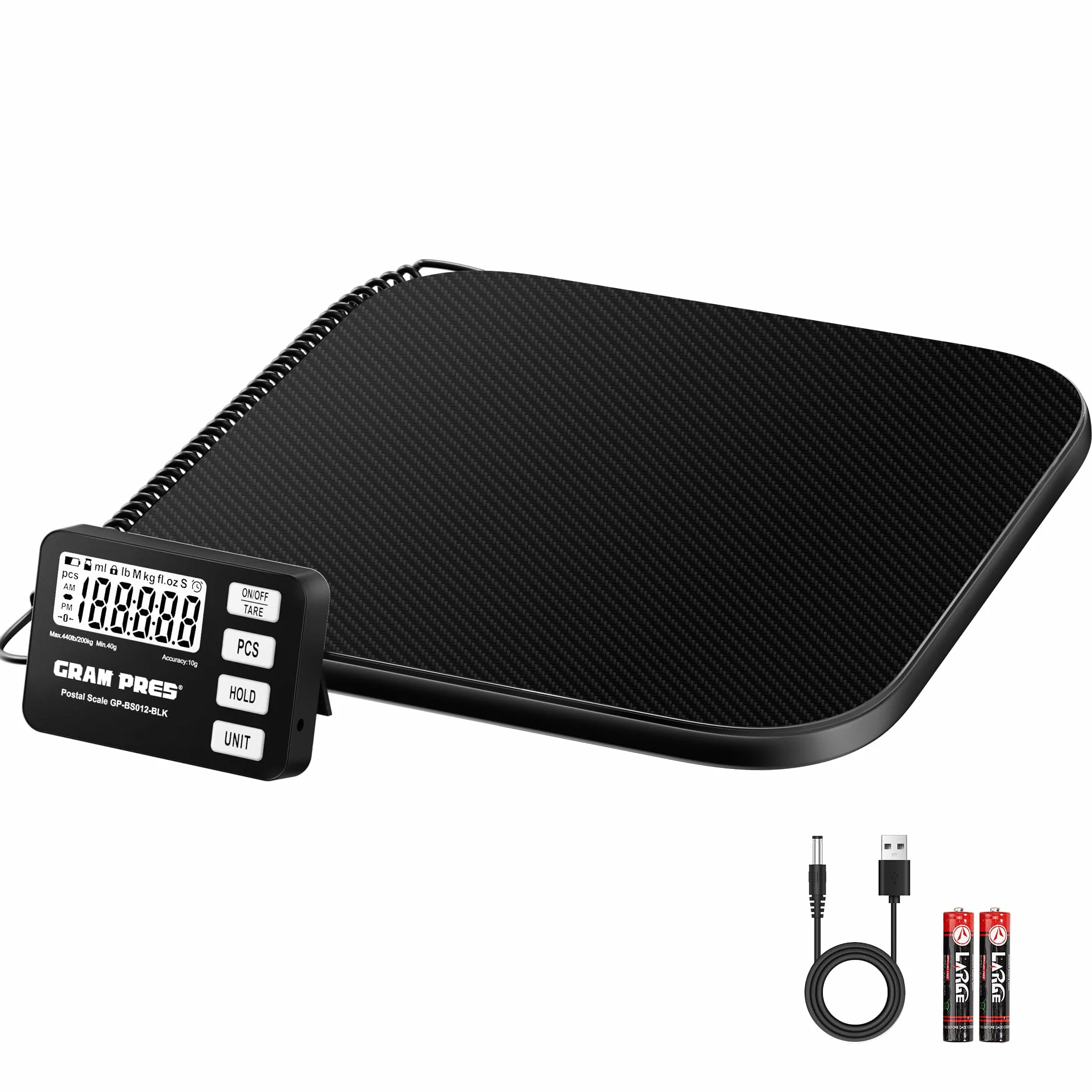 GRAM PRES Bilancia postale digitale da 200 kg/10g con display LCD, funzioni Hold/Tara/Pcs per pacchi/bagagli/ufficio postale/cani, batteria e cavo USB inclusi