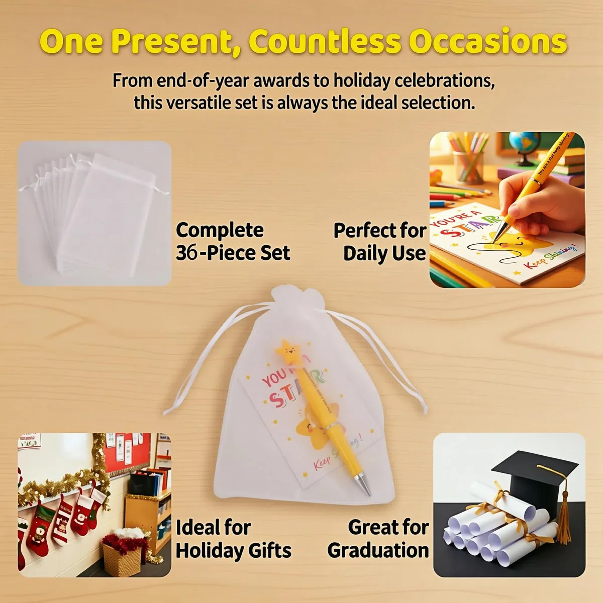 Regali di Fine Anno per Bambini, Confezione da 36 Regali di Fine Anno per 30 Bambini, Penne/Carte Motivazionali per Alunni/Borse Regalo per Lasciapassare Scolastici Regalo per Studenti Dagli