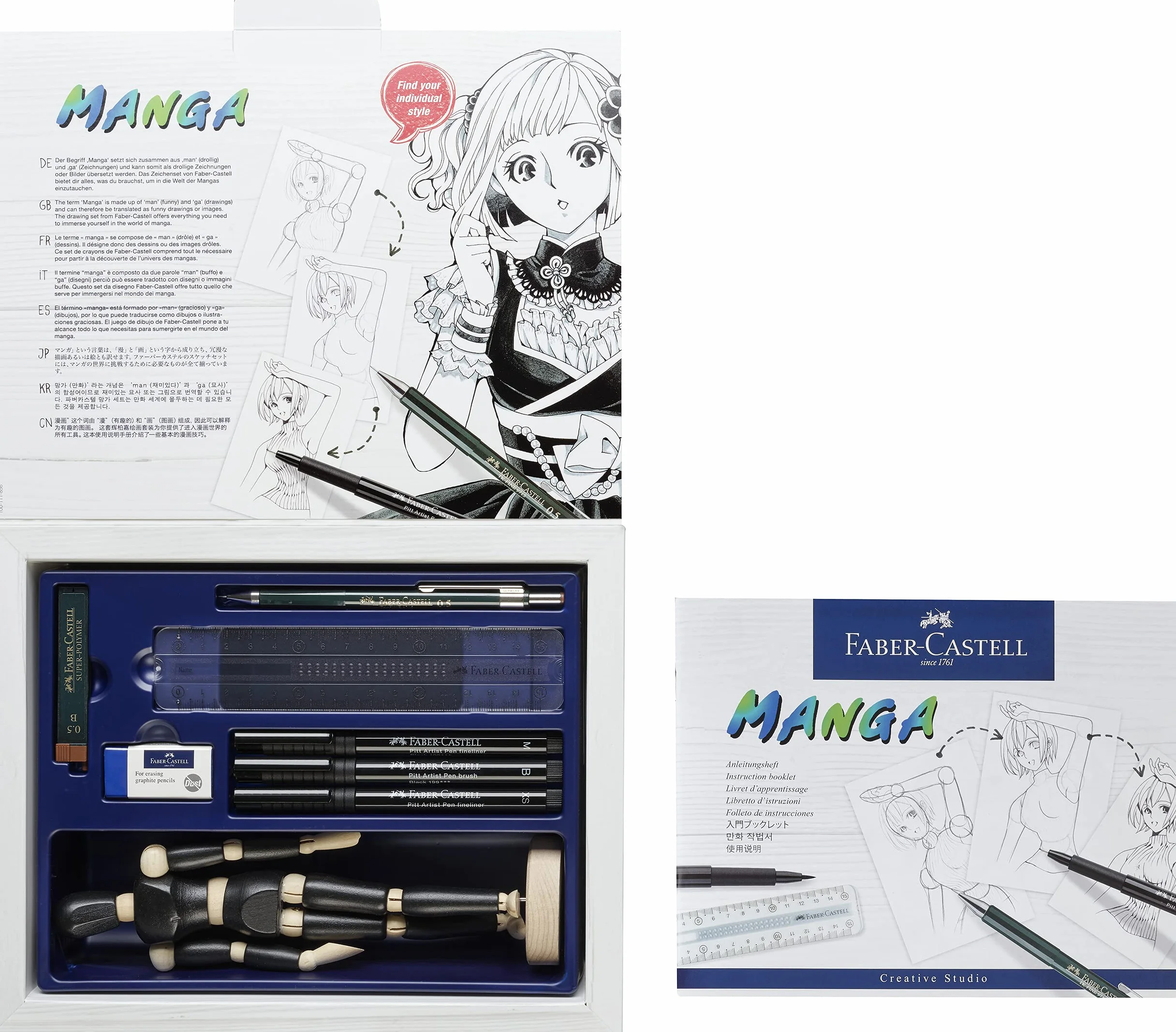 Faber-Castell 167152 Set Pennarelli Manga Starter, Set Fineliner Nero con Pennarelli a Inchiostro e Accessori, per Disegno Manga su una Varietà di Superfici