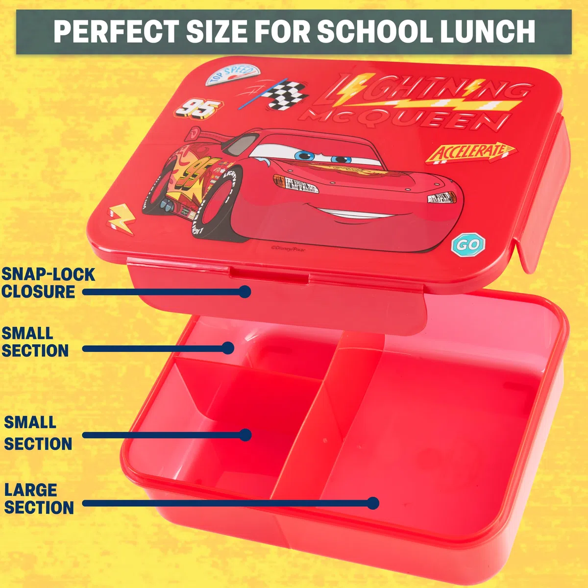 Get Trend Disney Cars Saetta McQueen Porta Pranzo Bambini, Set 2 Pezzi con Senza BPA Bento Box 3 Scomparti e Borraccia Coperchio Apribile con Cannuccia 640 ml, Idea Regalo (Multi Lightning McQueen)
