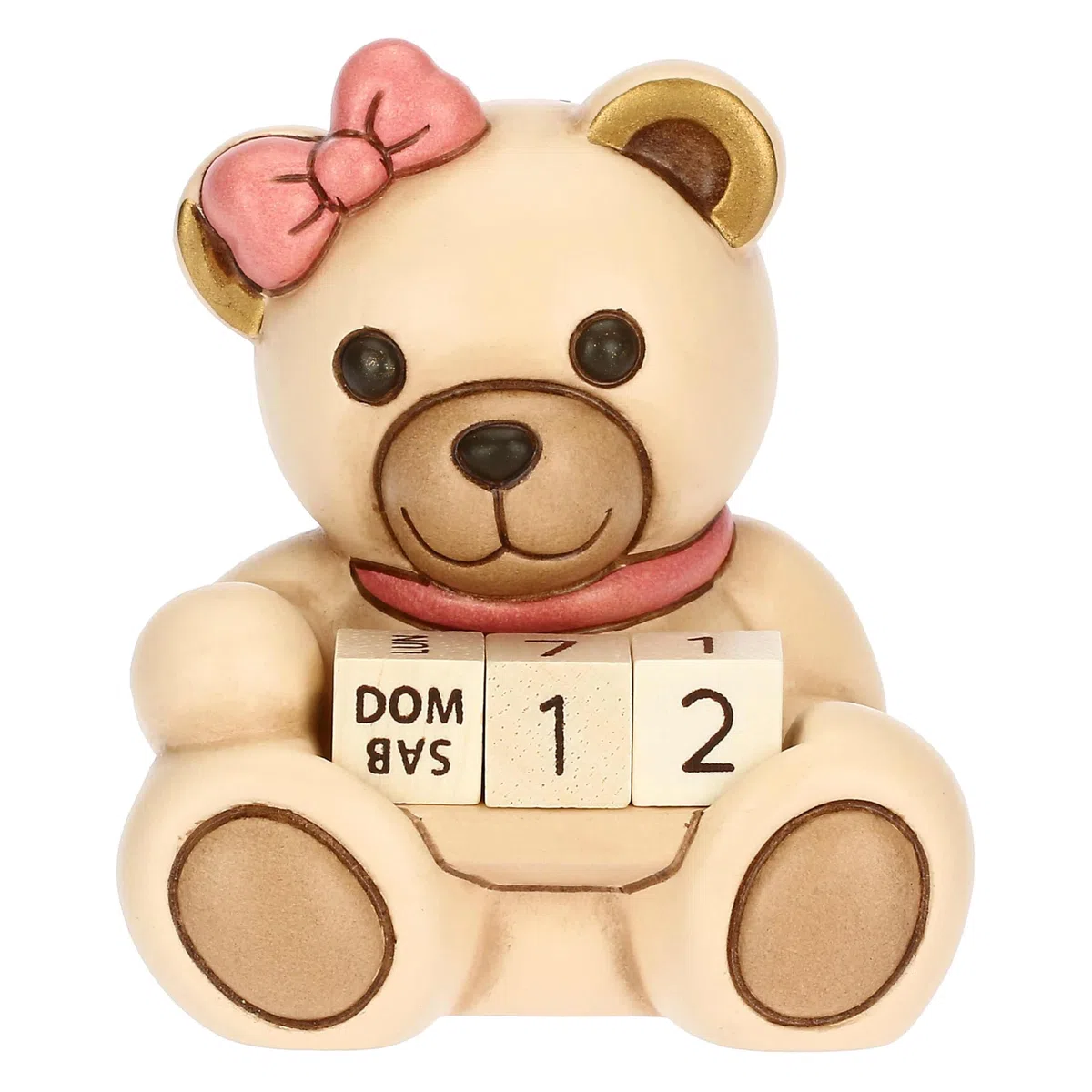 THUN, Mini Calendario Teddy Lei in Ceramica Decorata a Mano, Idea Regalo, 6.6 x 5.7 x 7.7 cm h