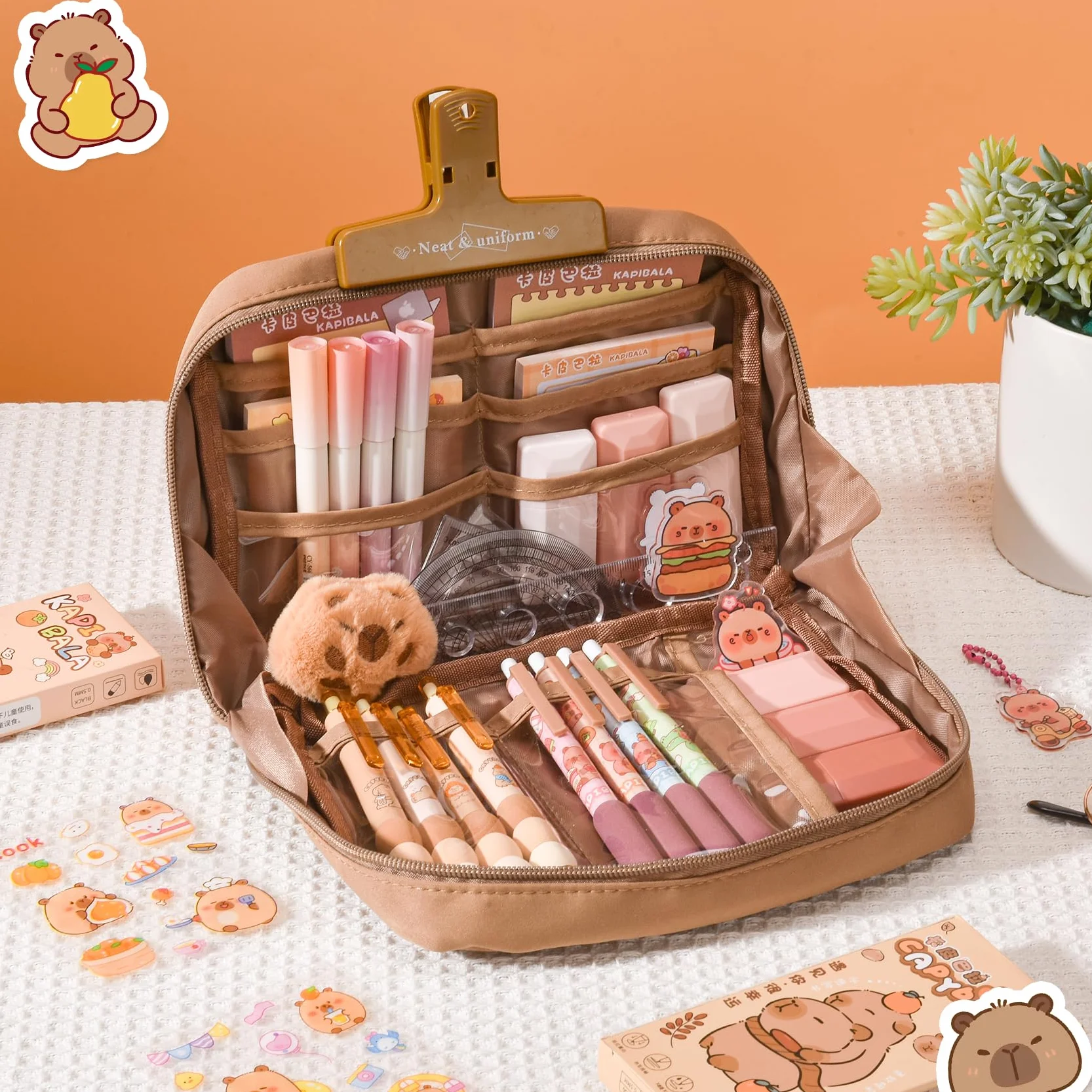 Capybara - Kit Scuola Capibara – Set Regalo Carino per Bambini & Studenti, Include Penne, Clip, Righelli – Organizzato per Scuola, Ufficio, Arte