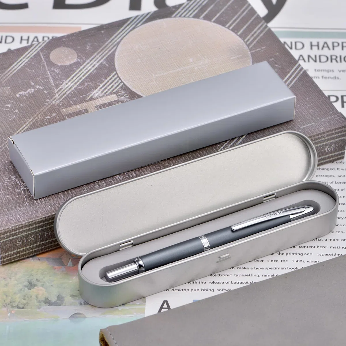 Jinhao 10 - Penna Stilografica a Pressione con Scatola, Pennino Retrattile Medio Grigio Metallo con Set Convertitore di Inchiostro (Clip Argento)