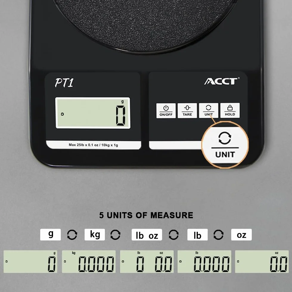 Bilancia postale ACCT, 25lb-0.1oz ad alta precisione, bilancia per spedizioni per ufficio/piccole imprese/posta/bustina, 5 unità, funzione di mantenimento, bilancia per affrancatura con batteria