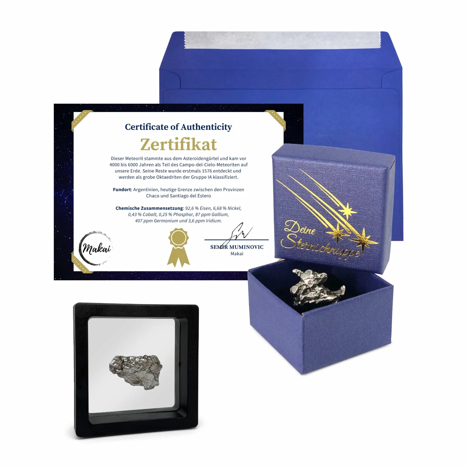 Makai - Vero meteorite, stella cadente con certificato di autenticità, confezione regalo, biglietto personalizzato con dedica