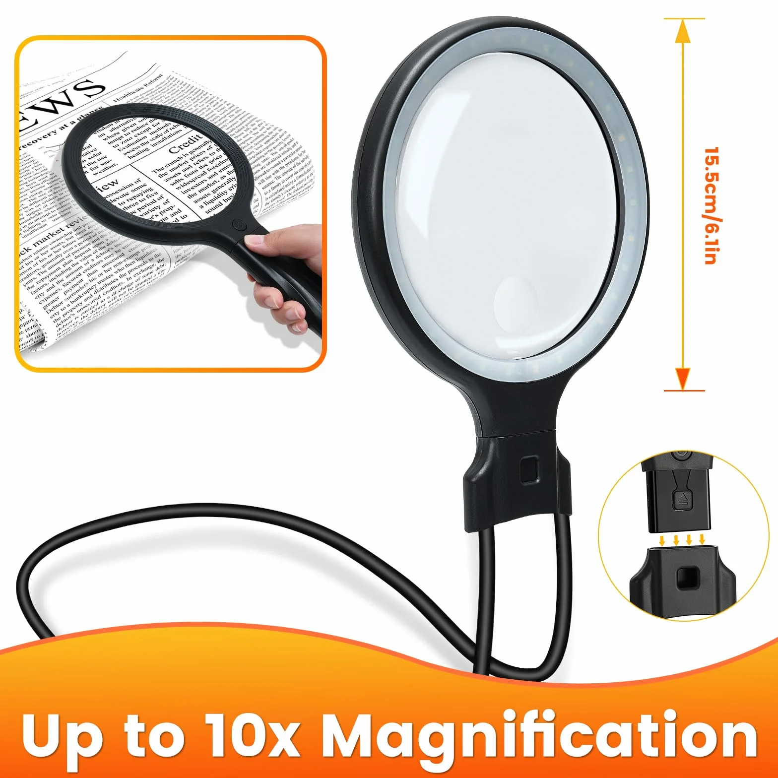 Lente di ingrandimento con luce, 5,4 pollici, 5 x 10 x lente di ingrandimento ricaricabile con luce, 30 LED, flessibile a collo di cigno, per anziani vicino al lavoro, per leggere, riparazioni, cucito