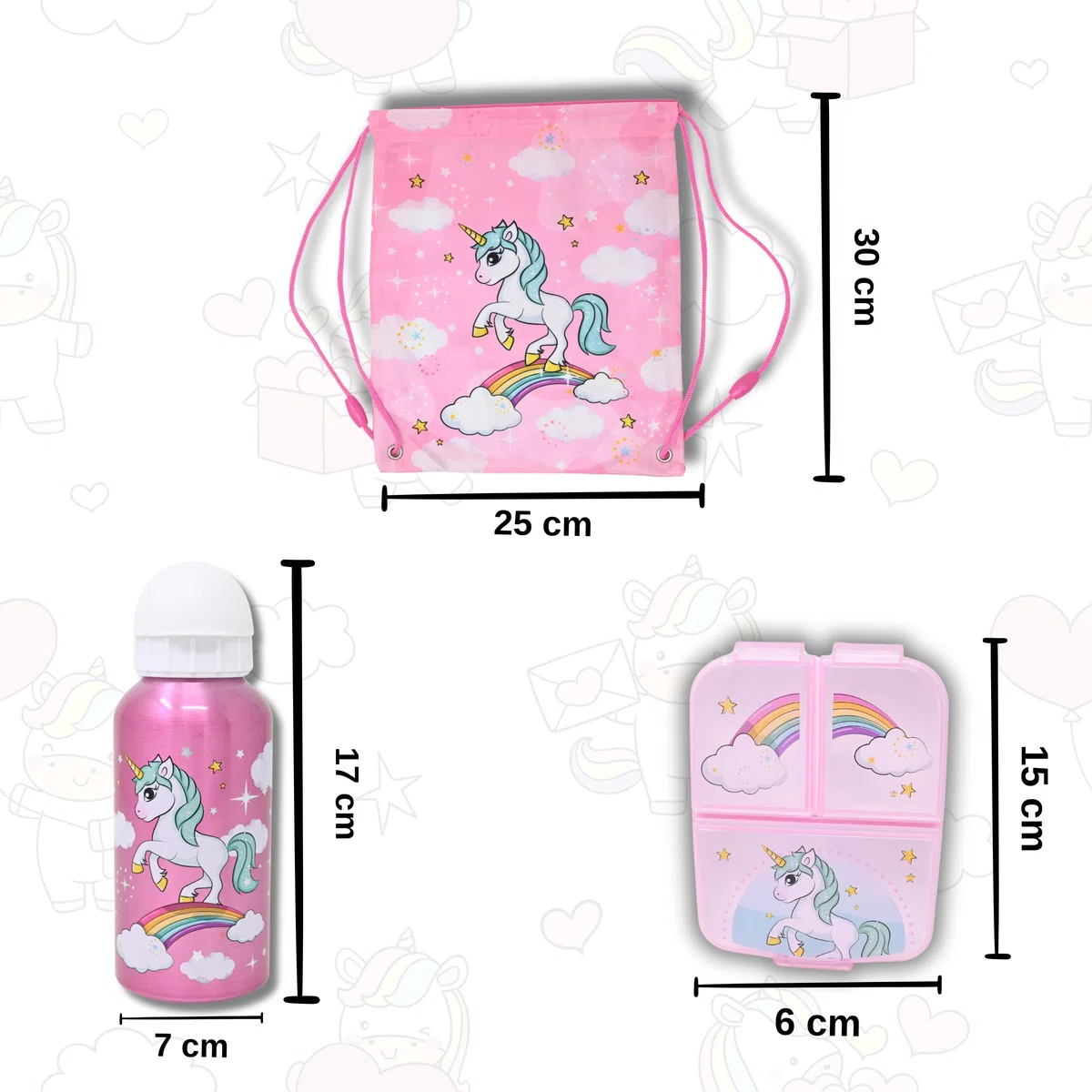 Set zaino unicorno, contenitore pranzo, borraccia, sacca ginnastica, 3 pezzi, asilo, bottiglia