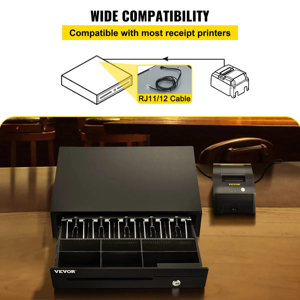 VEVOR Cassetto per Registratore di Cassa, Cassetto Portasoldi Apertura Automatico con 3 Metodi di Sblocco, Cassetta Portavalori con 5 Scomparti per Banconote e 6 per Monete, 41 x 42 x 10 cm (Nero)