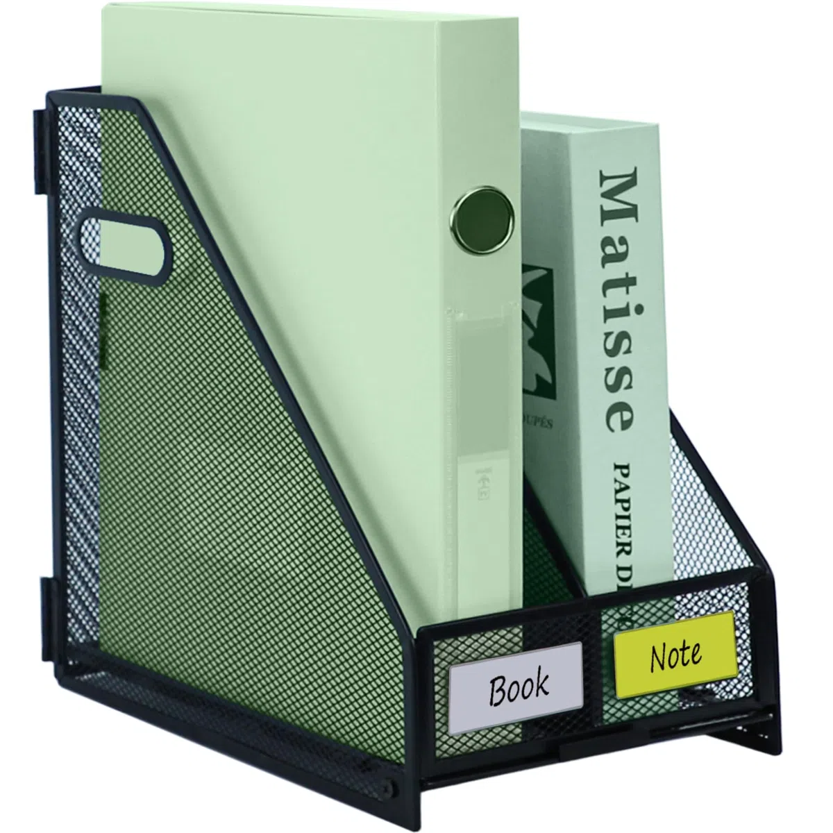Portadocumenti A4 con manico, 2 scomparti verticali, organizer per libri, in rete metallica resistente, per ufficio, scuola e casa, nero