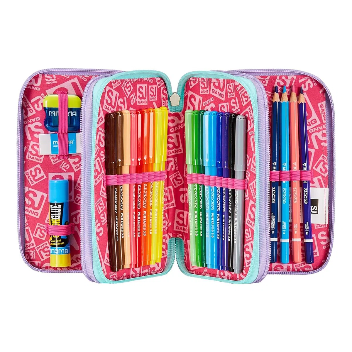SJ Gang Astuccio Scuola 3 Zip, Rosa, RhythmicSoul, Portapenne Triplo Scomparto Completo Di Penne, Matite, Colori, Accessori Zaino, Elementari, Medie, Bambina