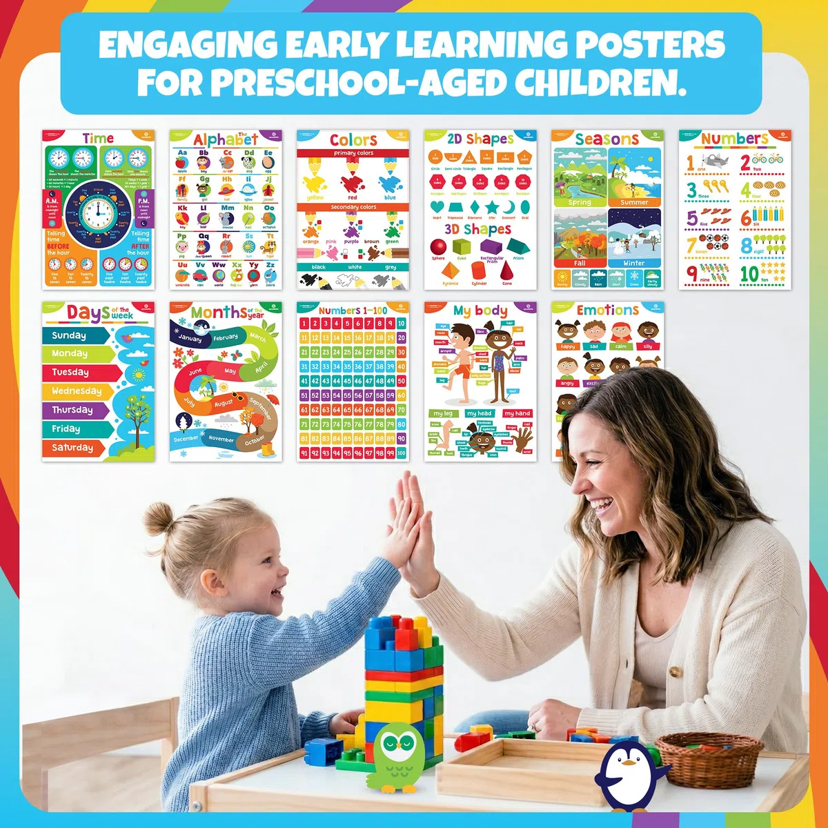 Sproutbrite Poster educativi per bambini – Decorazioni per aule – Materiali per la scuola materna – Decorazione per l'apprendimento prescolare – Poster ABC – 11 grafici per l'apprendimento a distanza