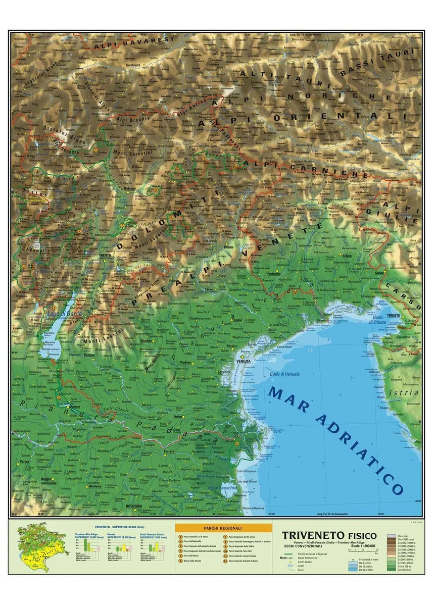Carta geografica murale regionale Triveneto 100x140 bifacciale fisica e politica