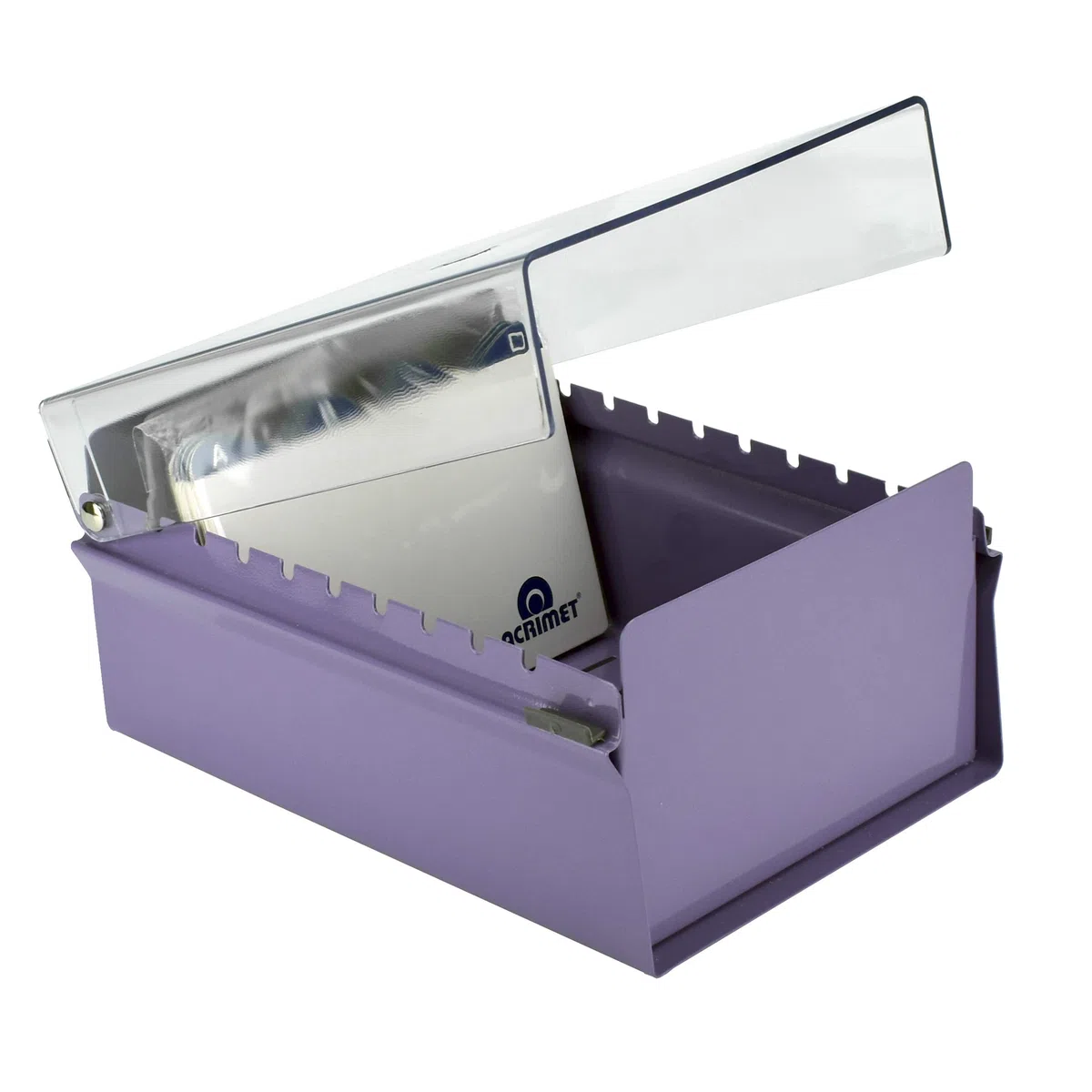 Acrimet Portacarte Organizzatore 4'' x 6’', Base in Metallo Resistente (Indice AZ e un Divisore di Plastica Include) (Base Viola con Coperchio Trasparente in Plastica)