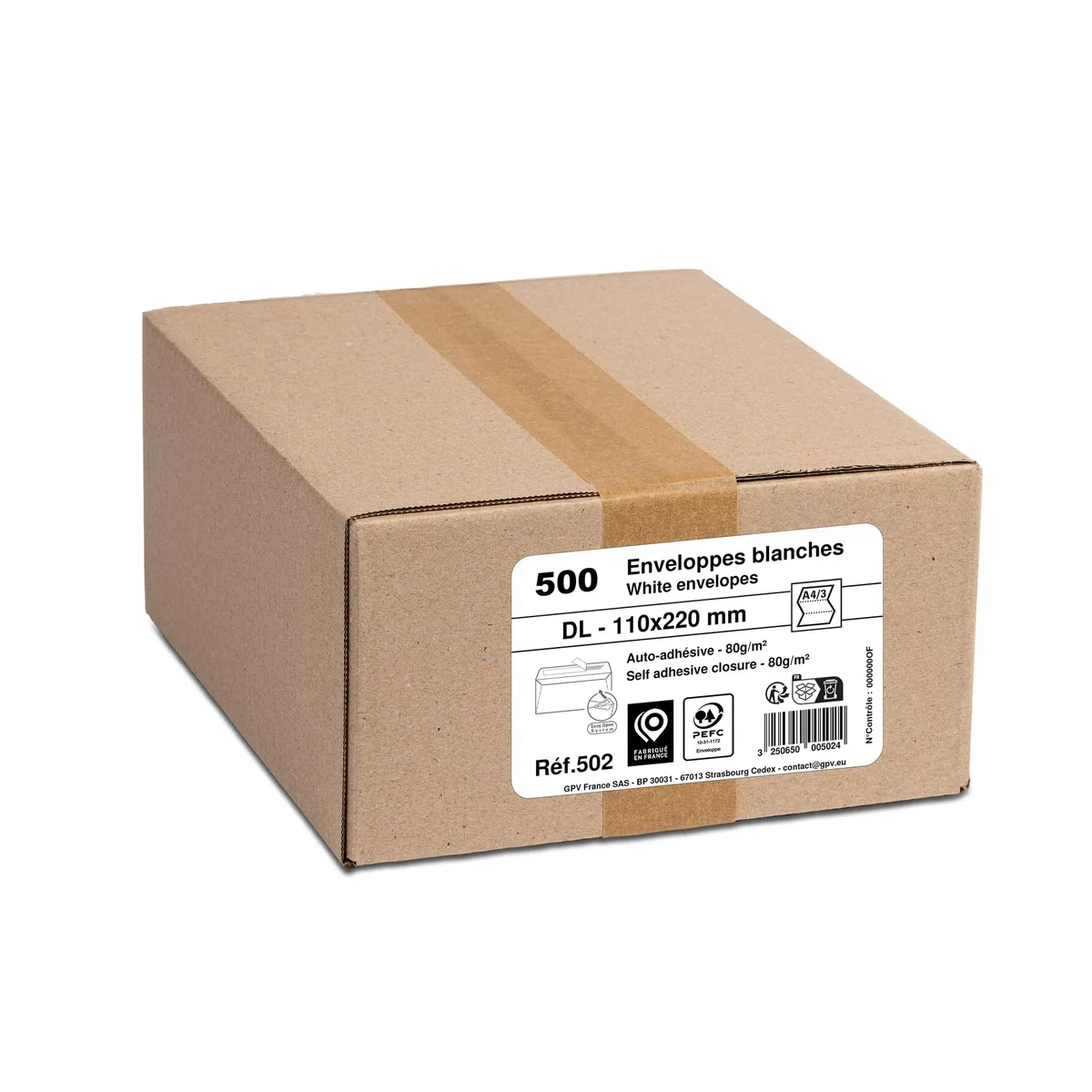 GPV - 500 buste con chiusura adesiva, 80 g, formato DL 110 x 220 mm, colore: bianco