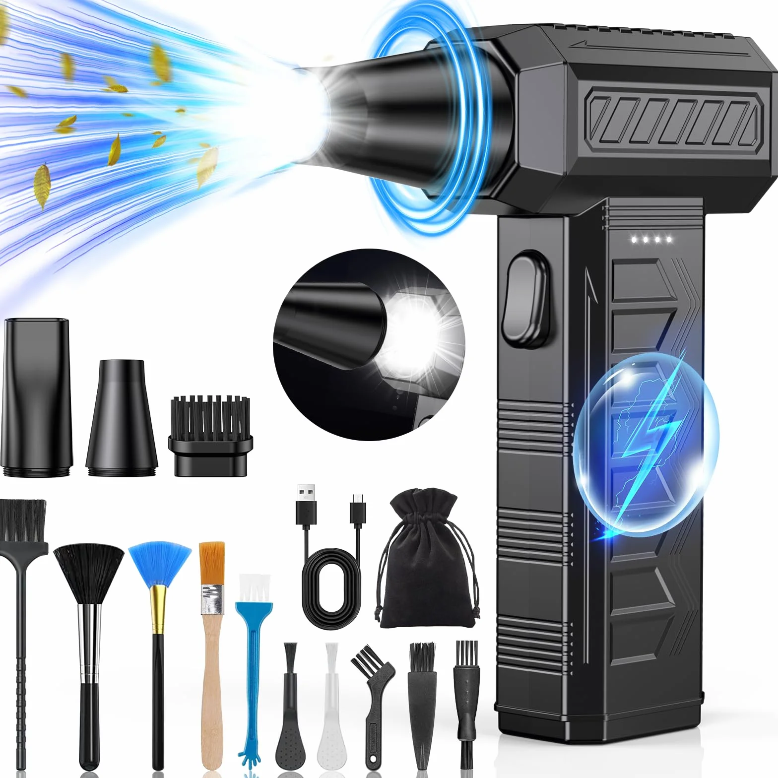 Aria Compressa Spray con Luce LED, 3 Velocità 150000 RPM Aria Compressa Elettrico, 6000 mAh Mini Soffiatore a Batteria Potente, Soffiatore Portatile per la Pulizia del PC,Divano,Tastiera,Auto