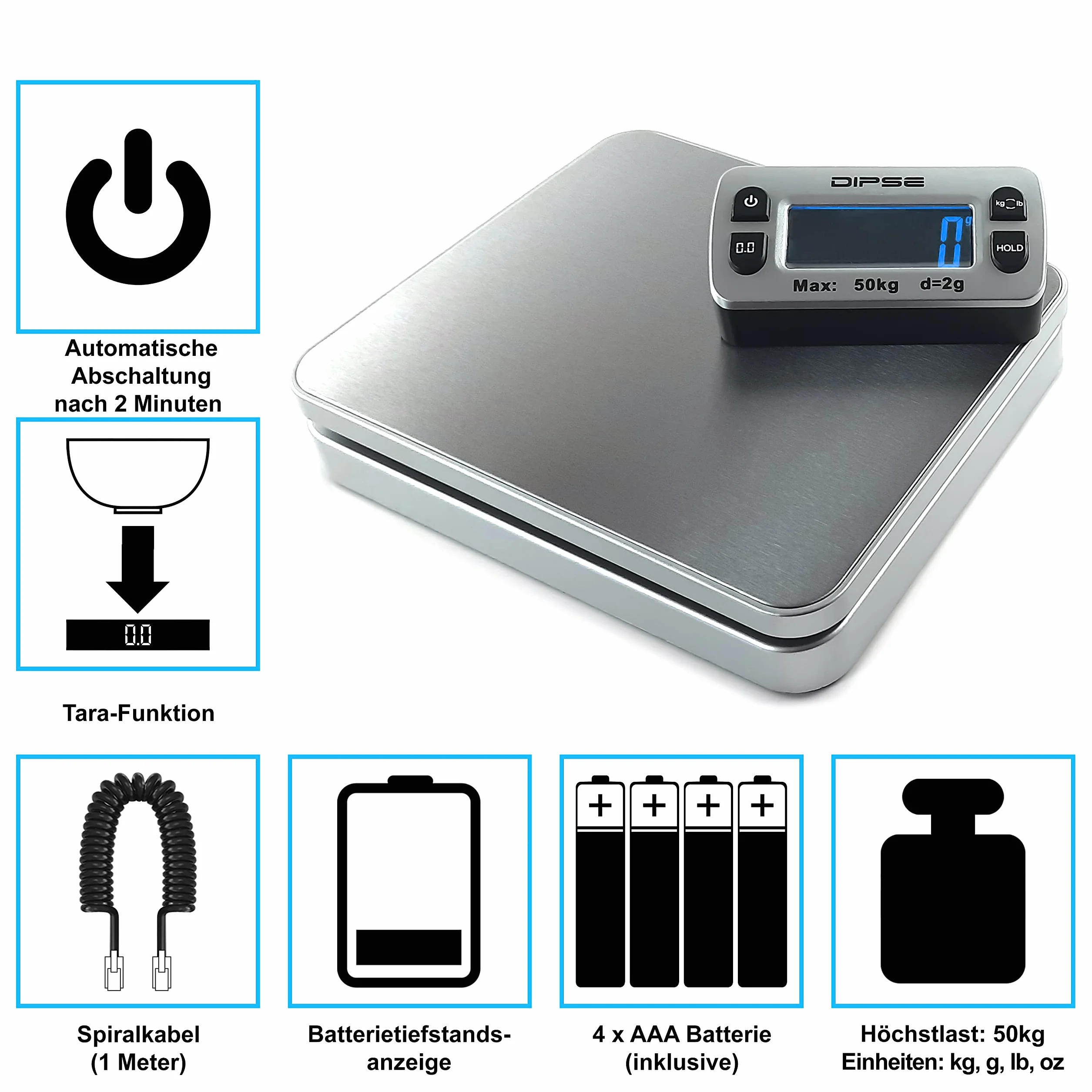 DIPSE Parcel Mini - Bilancia per pacchi, con display esterno e grande capacità di pesatura 50kg x 0,002kg