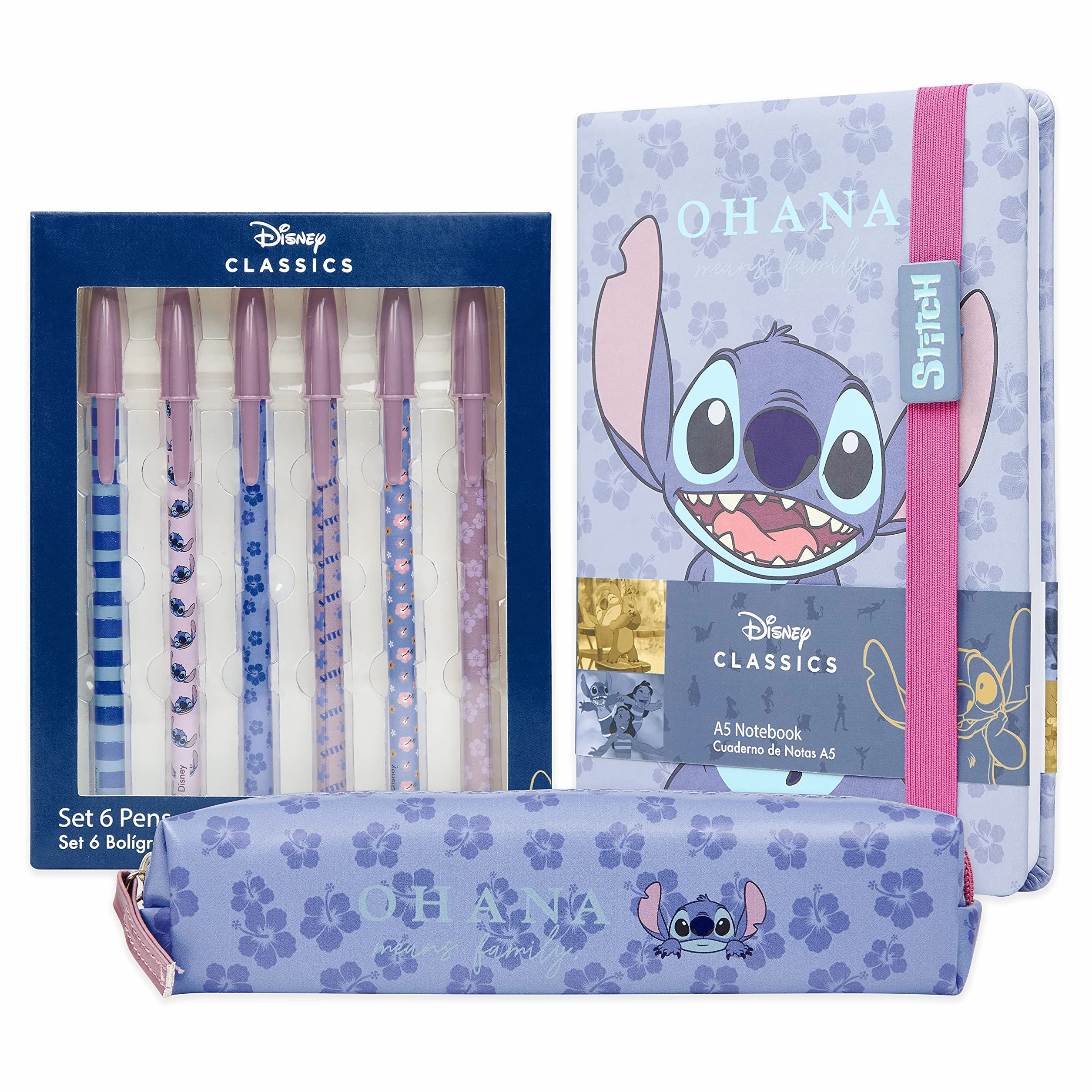 Disney Stitch Set Cancelleria Quaderno Appunti Astuccio Matite e Penna Sfera o Blocco Note Matite Colorate e Accessori Scuola (Blu)