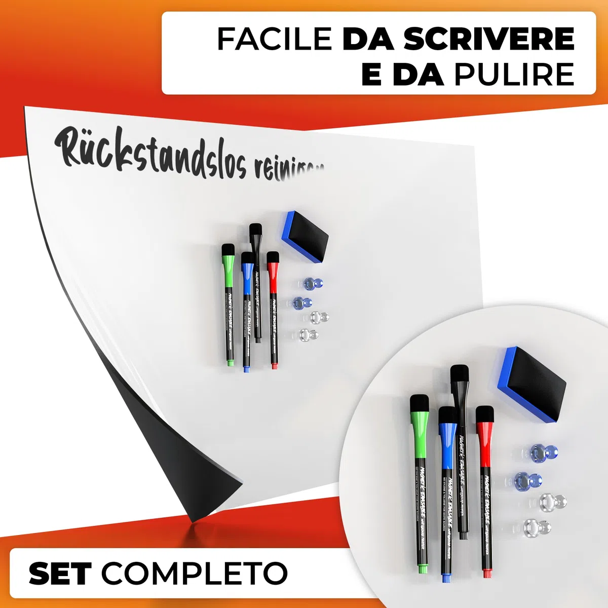 Foglio per lavagna bianca 40x60cm - foglio magnetico 3M autoadesivo - foglio per lavagna magnetica - ferro foil bianco - foglio per lavagna bianca incl. 4 pennarelli, cancellino e 4 spilli