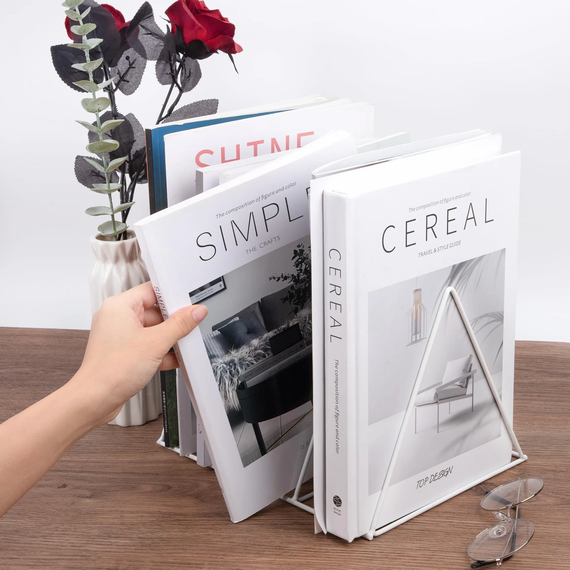 Portariviste Metallo, Porta Giornali, Scrivania Scaffale per Libri Triangolo File Organizer Supporto Rack Decor per Scaffali, Ufficio, Scuola, Biblioteca, Casa, Scuola (Bianco)