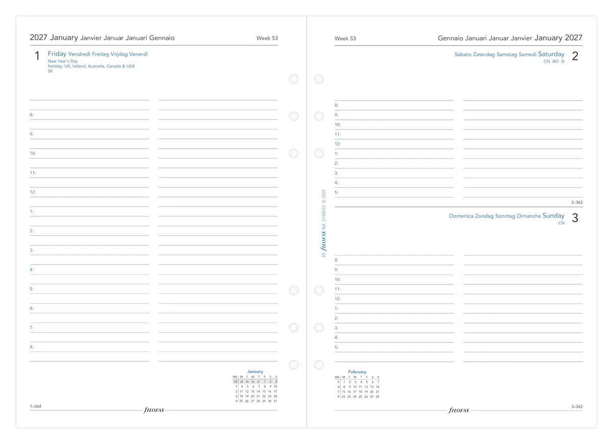 Filofax Agenda 2027, formato A5, un giorno per pagina, 5 lingue, 27-68515