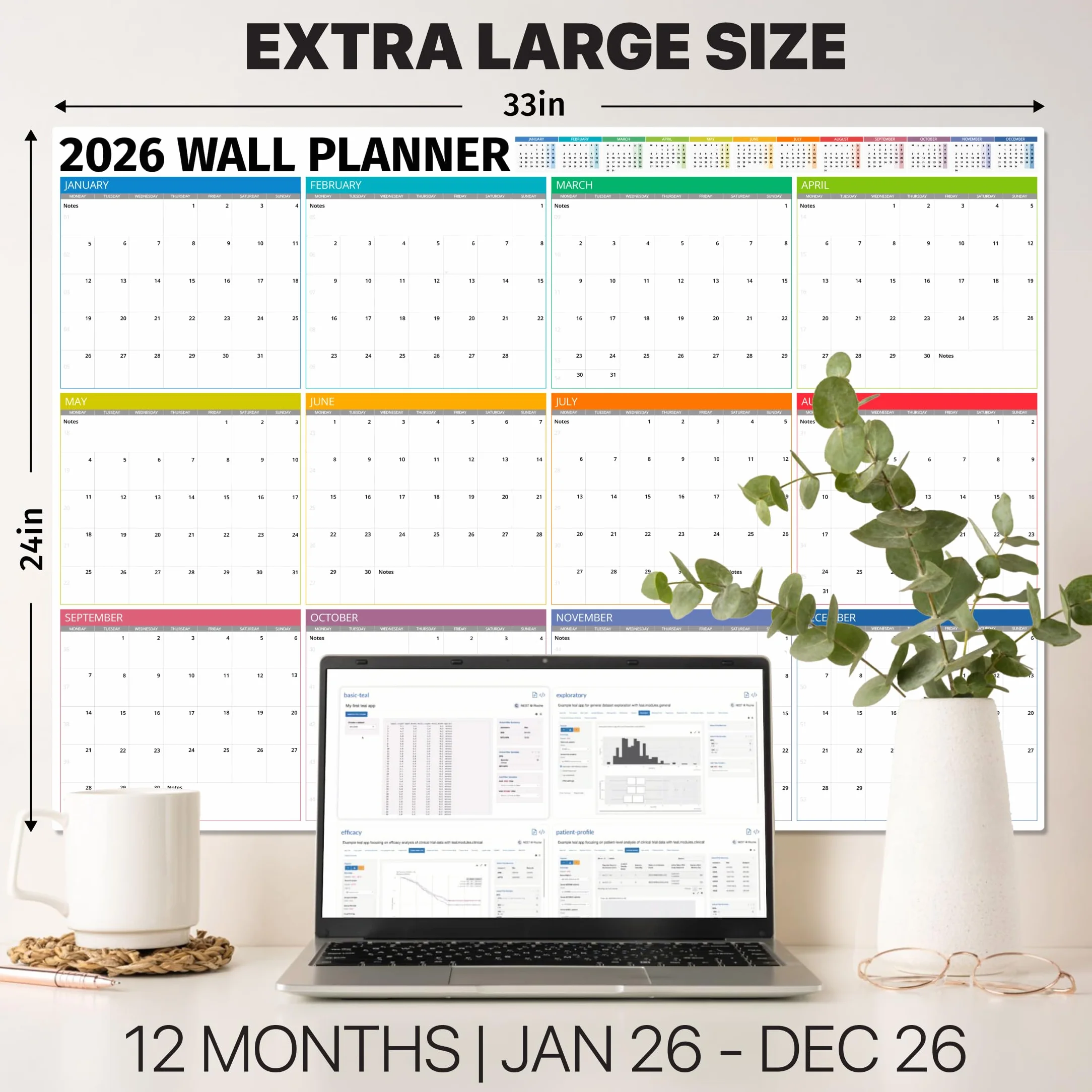 Agenda da parete 2026 UK, formato A1, extra large, 84 x 60 cm, a colori, per casa, ufficio, calendari per insegnanti e organizzatori personali, edizione con scatole piegate