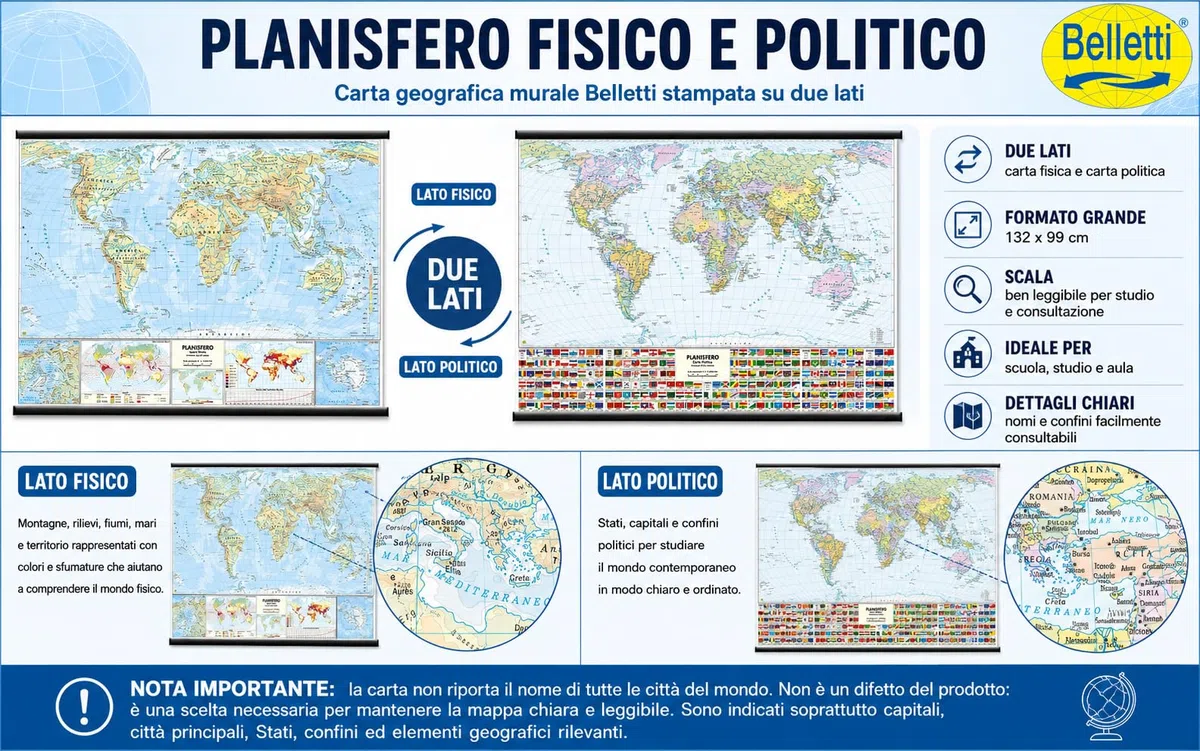 Belletti Carta Murale MONDO Scolastica con Bandiere 132x99 cm, Planisfero da Parete Bifacciale Fisico e Politico, Plastificata Antiriflesso con Aste in PVC