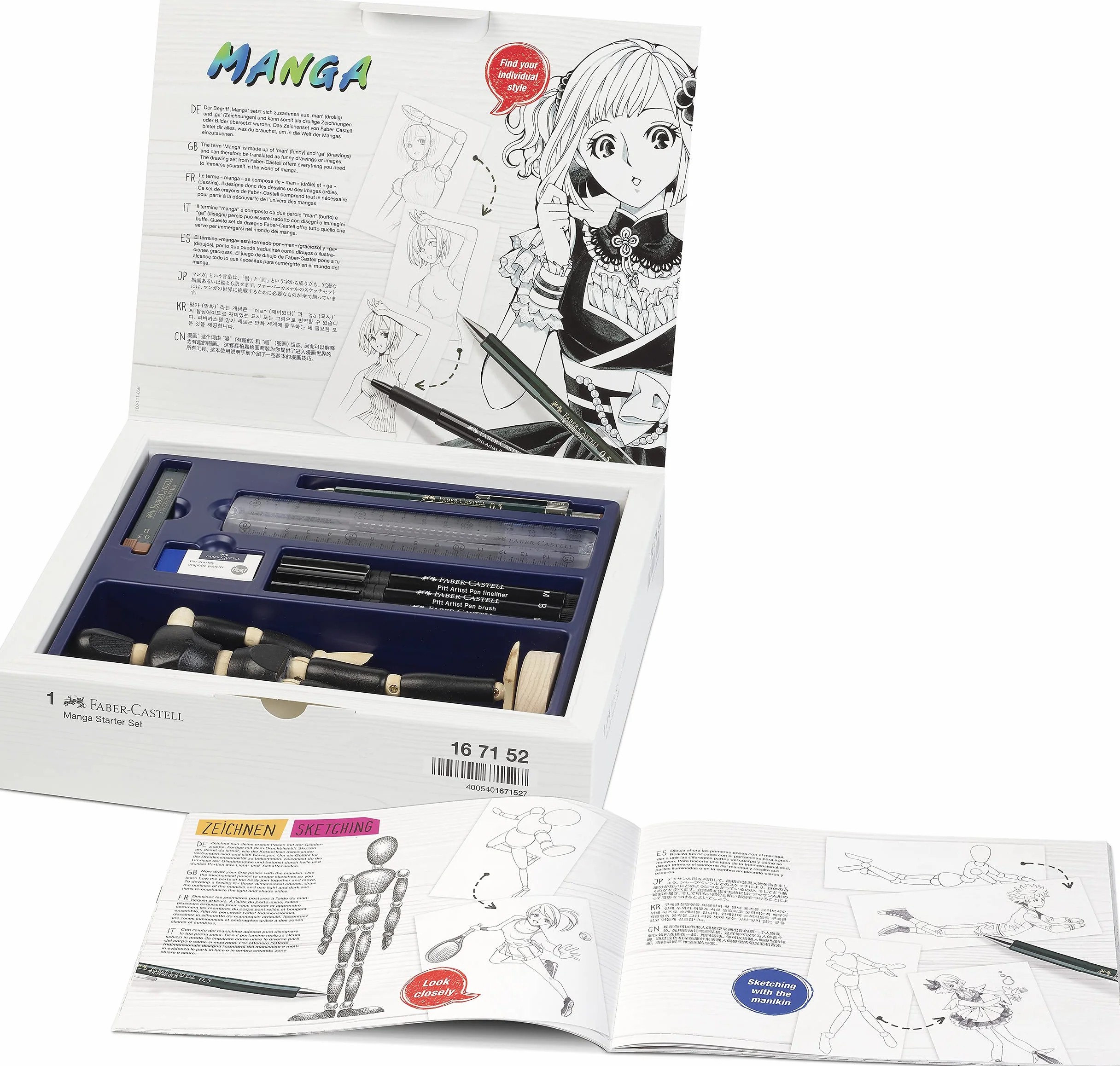 Faber-Castell 167152 Set Pennarelli Manga Starter, Set Fineliner Nero con Pennarelli a Inchiostro e Accessori, per Disegno Manga su una Varietà di Superfici