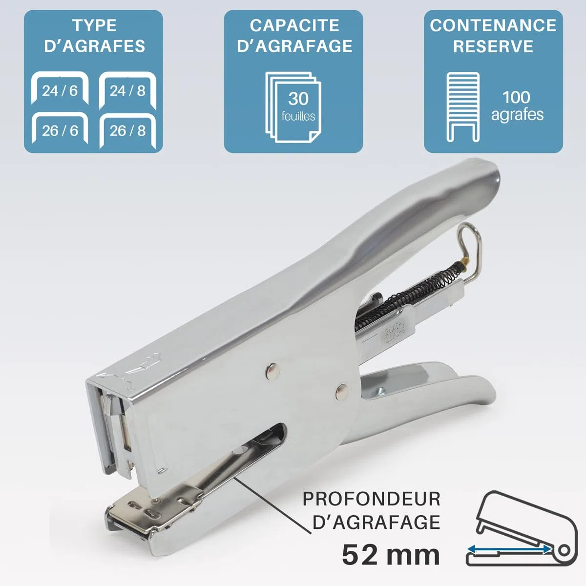 WAYTEX 931552 Pinzatrice tutto metallo 30 fogli meccanismo solido 100% metallo per graffette 24/6, 26/6, 24/8, 26/8, uso intensivo – metallo cromato