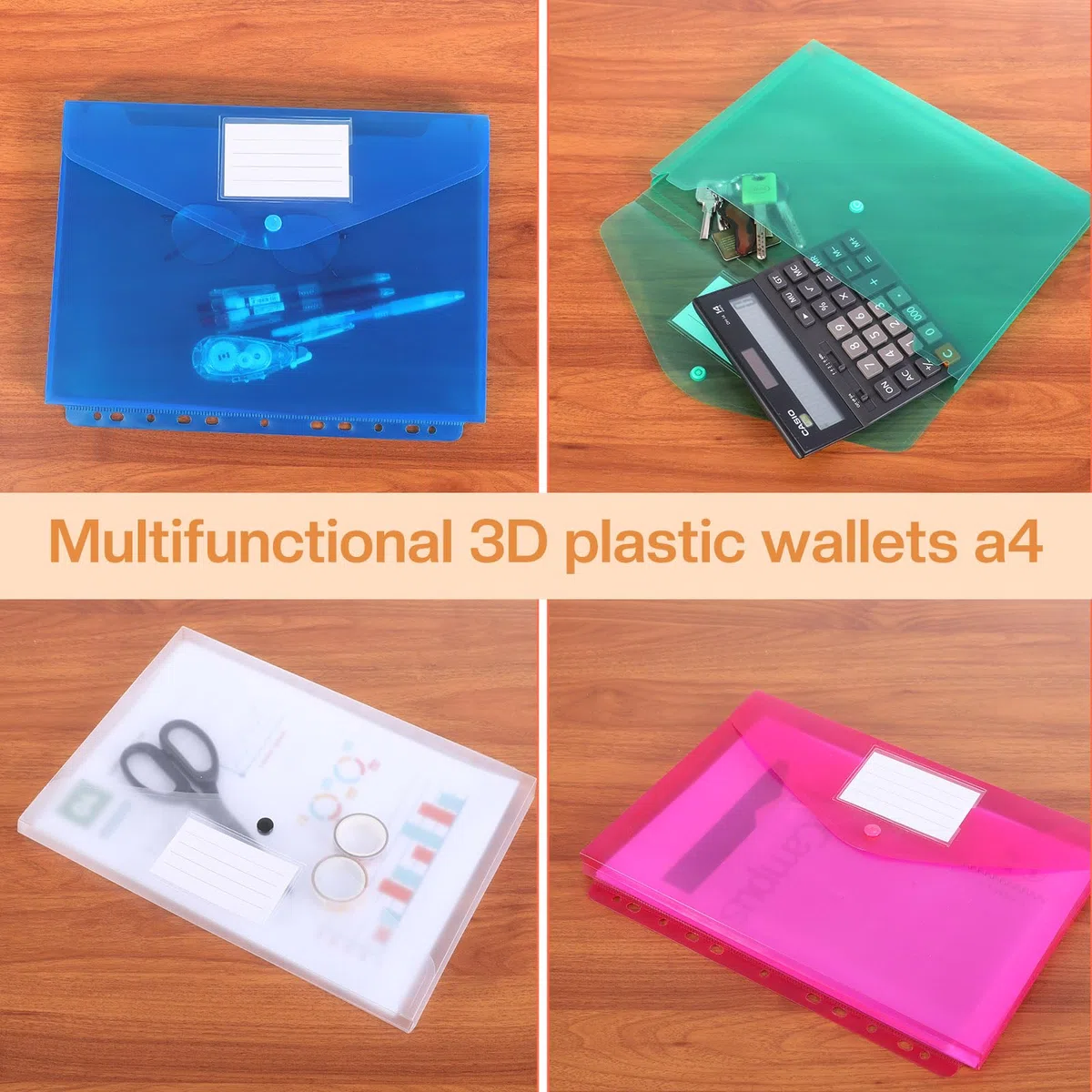 DATEFUN Cartellina Portadocumenti A4 Tridimensionale 20 Pezzi, Buste Trasparenti A4, Busta Portadocumenti con Apertura a Busta e Bottone per Casa Ufficio Scuola (5 Colori)