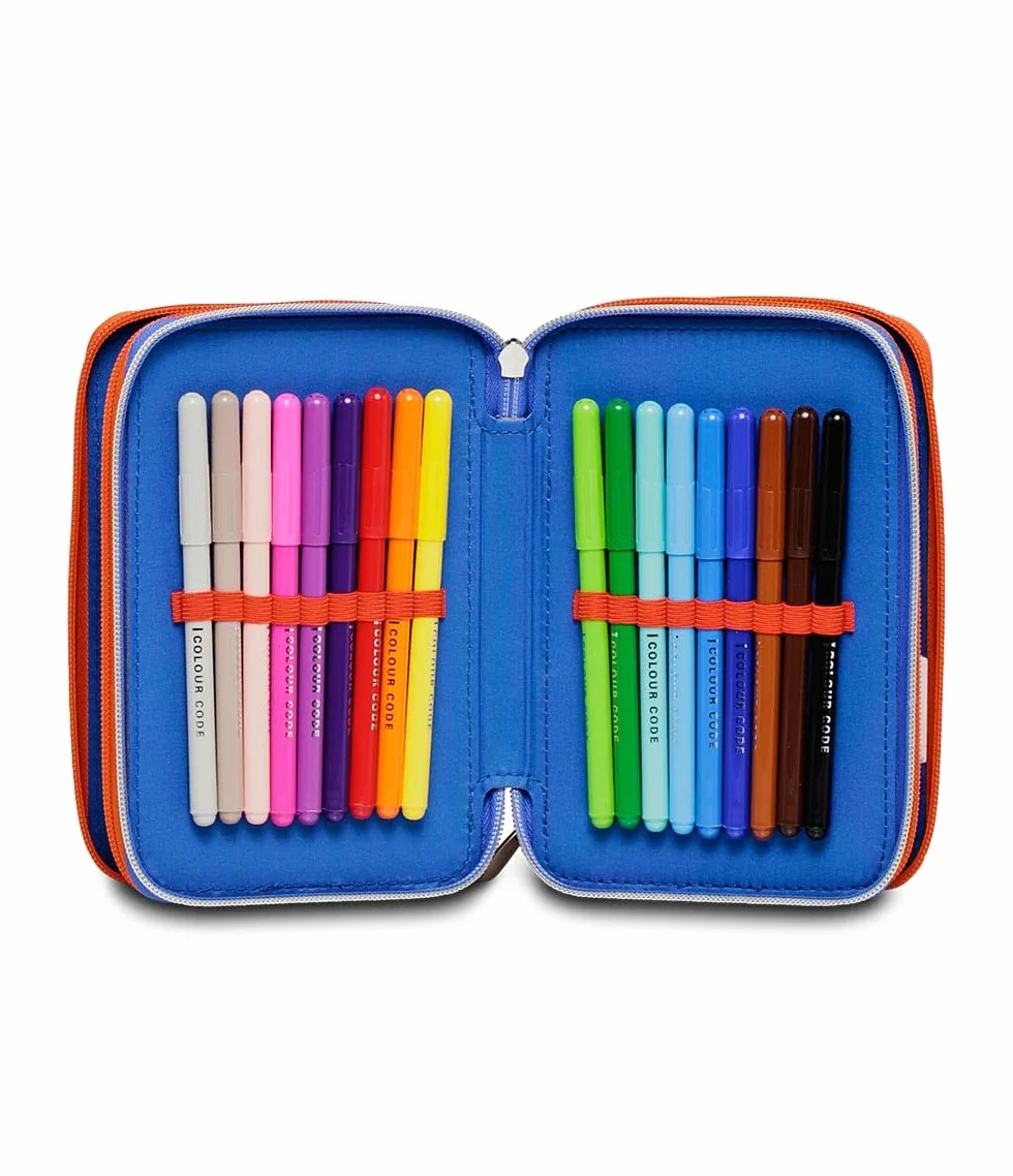 Seven Sonic Astuccio Scuola Elementare 3 Scomparti, COME AND GET ME, Blu Rosso, Contenuto 43 pz, Completo di Matite, Penne, Pennarelli, Portapenne Scuola Bambino Elementari