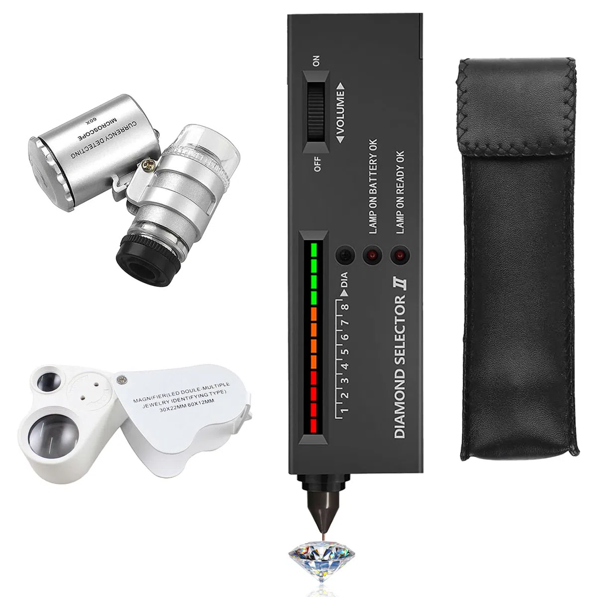 JOJOCY Penna Tester di Diamanti Professionale, Penna di Test Elettronica ad Alta Precisione con 2 Lenti 30x 60x Mini Lente LED Pieghevole