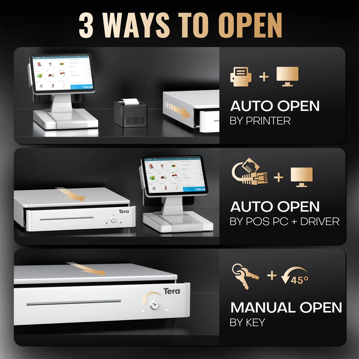 Tera Cassetto Cassa Registratore Monete: 33,5×33×10,4 cm 4 Scomparti Banconote 6 Monete 1 Scomparto Media con Inserto Rimovibile RJ12 Chiavi per POS Negozi Aziende Modello 330R Bianco