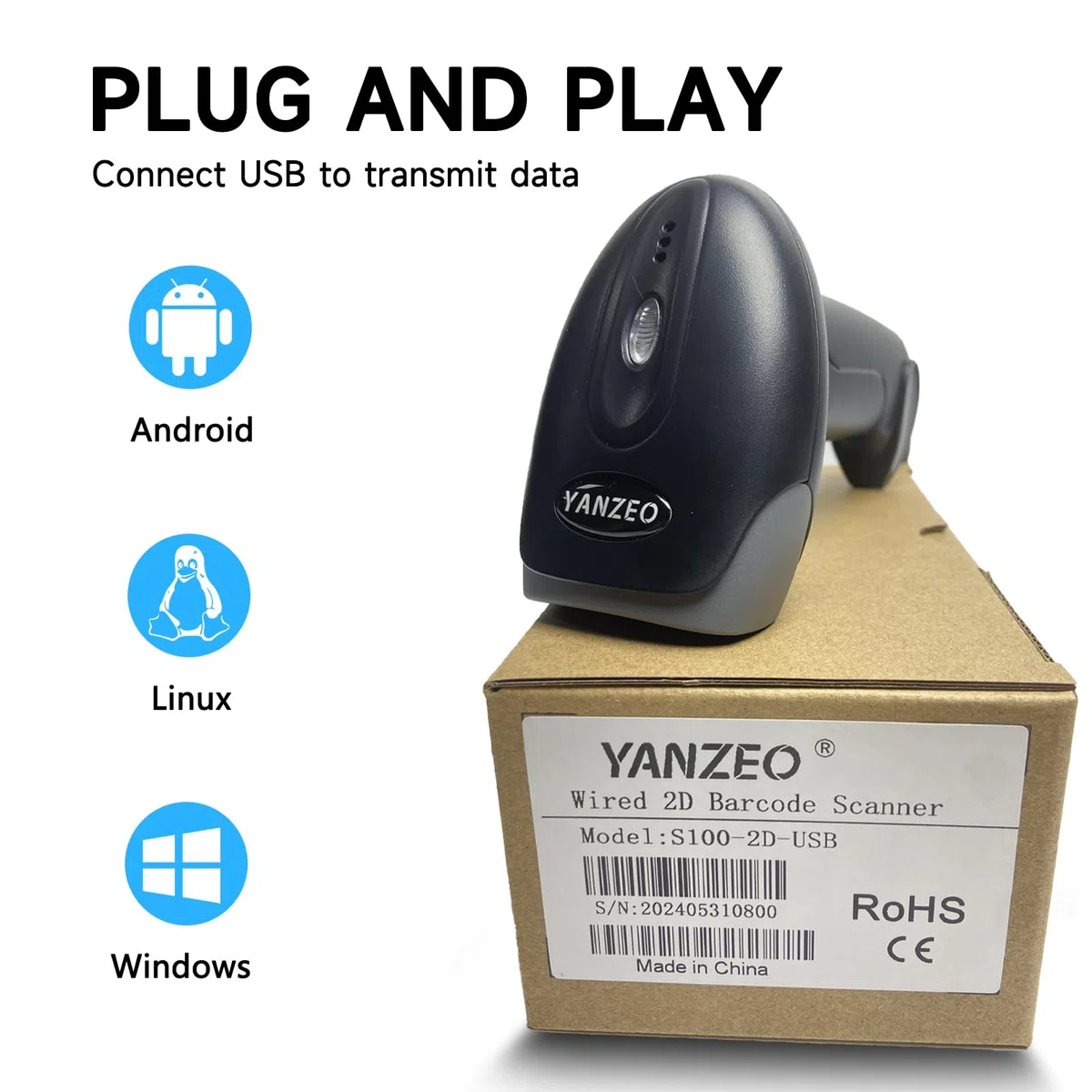 YANZEO S100 Wired - Lettore di codici a barre 2D, lettore di codici a barre USB, lettore di codici a barre QR, lettore automatico UPC PDF417 Data Matrix per negozio, magazzino, supermercato