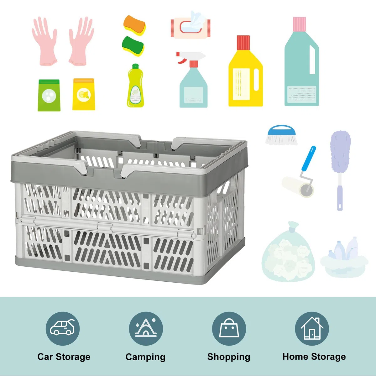 Senloglb - Cestino per la spesa pieghevole con manico, 32 l, in plastica, pieghevole, per auto, ufficio, supermercati, campeggio, aule, colore grigio