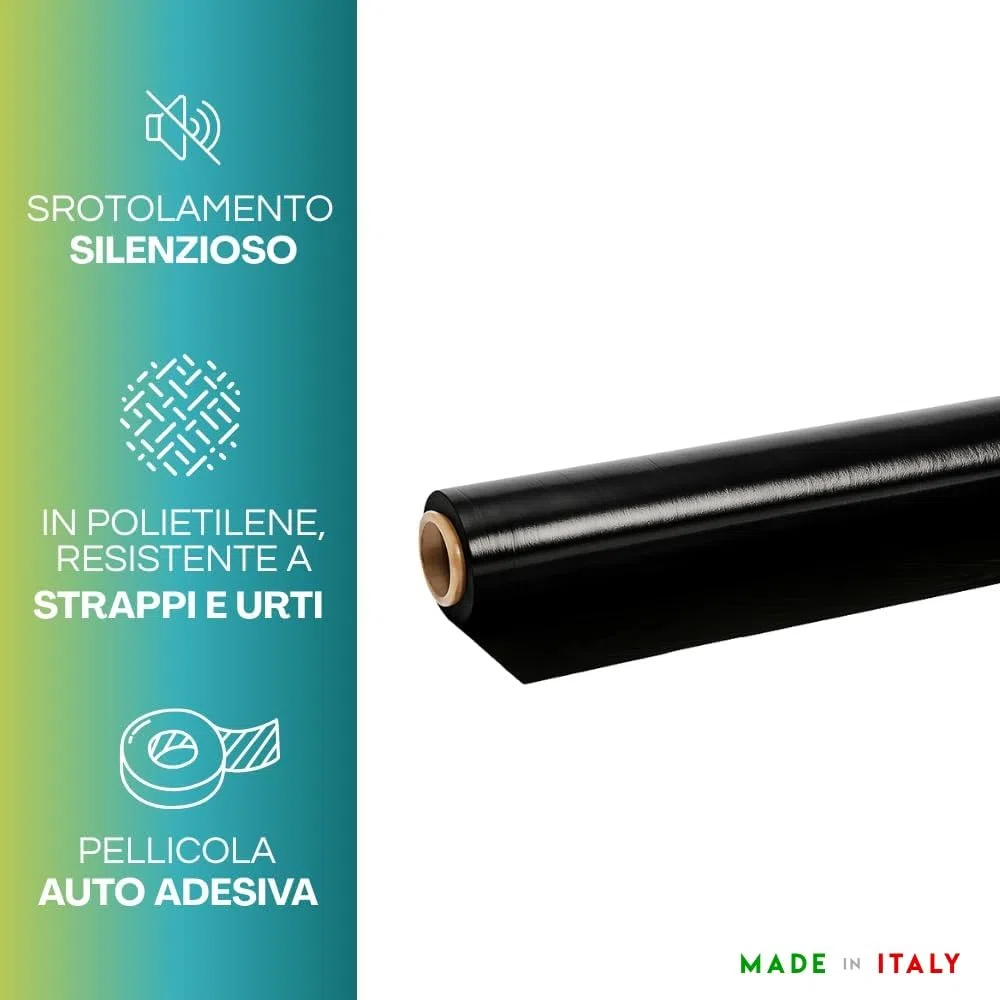Pellicola 6 Rotoli Film Estensibile Nero Manuale, Spessore 23mycron, Bobina di Estensibile per Imballaggio, peso 2,4kg, di Altezza 500mm