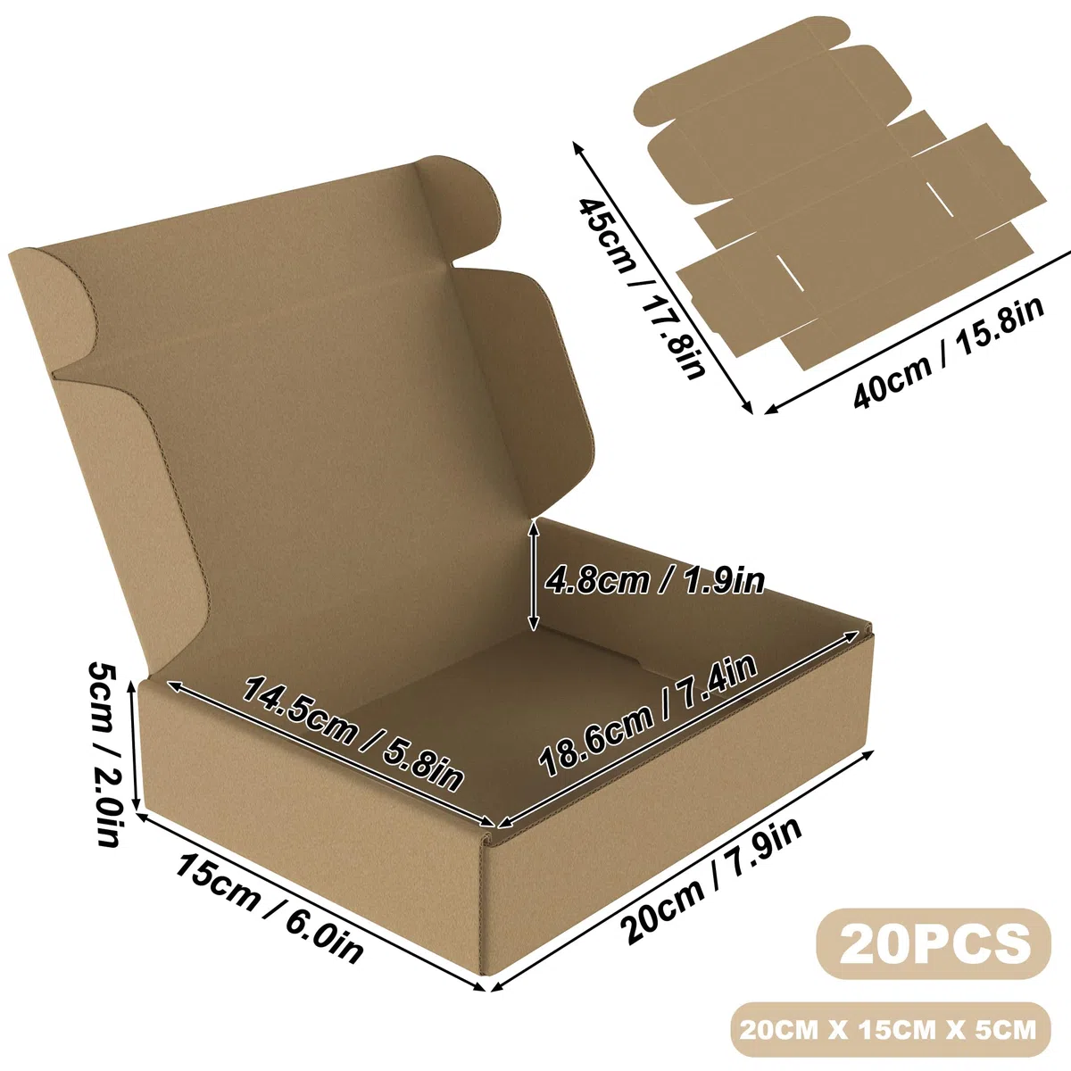 FIVMEN 20 pezzi Maxi casella postale 200x150x50 mm, scatola di spedizione, cartone, spedizione postale, in cartone ondulato, marrone, scatola pieghevole, scatola piegata, fino a 8 kg di capacità di
