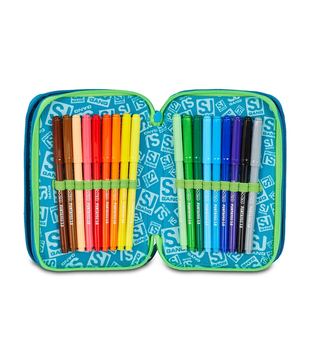 SJ GANG STYLE JAM GANG Astuccio Scuola 3 Zip Air Tiger, Blu, Portapenne Triplo Scomparto Completo Di Penne, Matite, Colori, Accessori Zaino, Scuola Elementare, Bambino