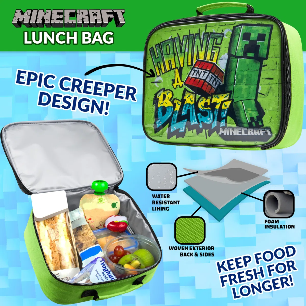 Minecraft Borsa Termica Pranzo, Borraccia e Porta Merenda Bambino - 3 Pezzi Set