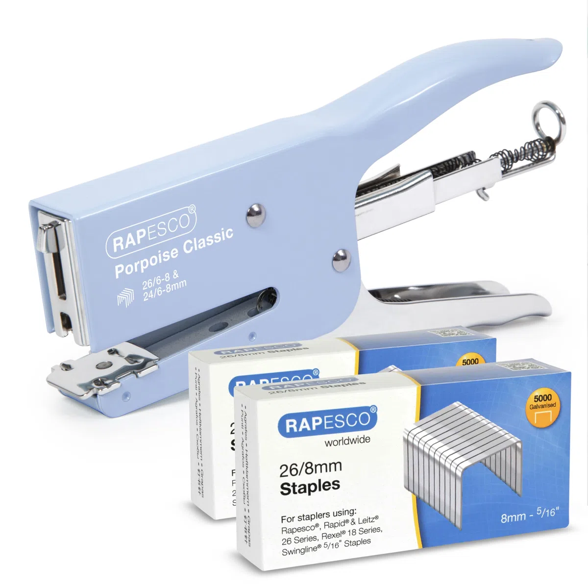 Rapesco 1355A Cucitrice a Pinza Classica Porpoise con 10.000 Punti Tipo 26/8 mm, Capacità 45 Fogli, Azzurro